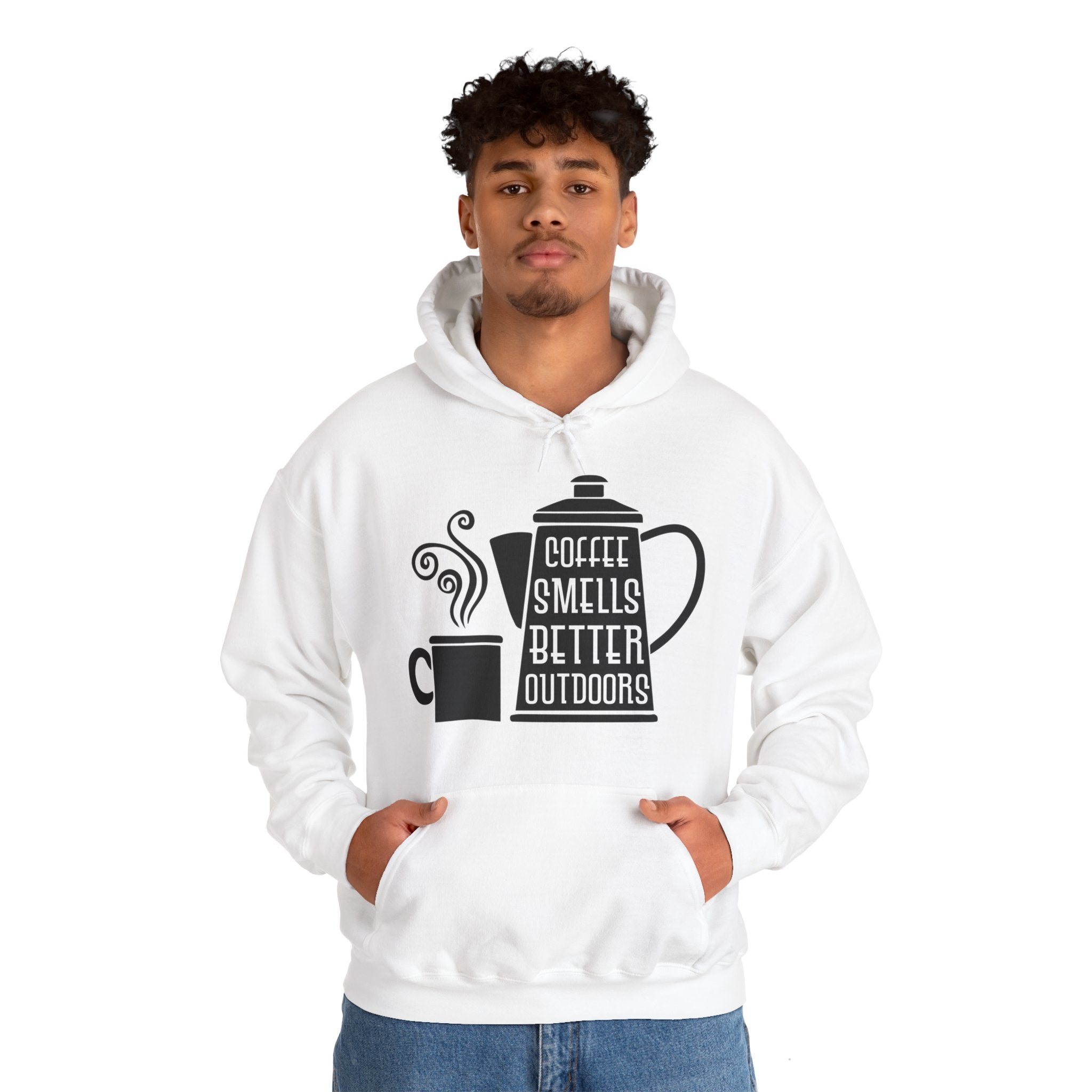 "COFFEE SMELLS BETTER OUTDOORS" Unisex Heavy Blend™ Hooded Sweatshirt