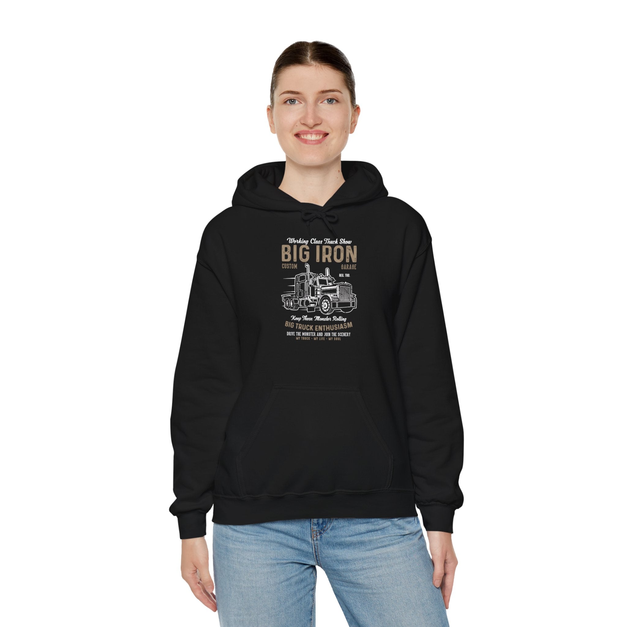 "BIG IRON CUSTOM GARAGE BIG TRUCK ENTHUSIASM" Unisex Heavy Blend™ Hooded Sweatshirt