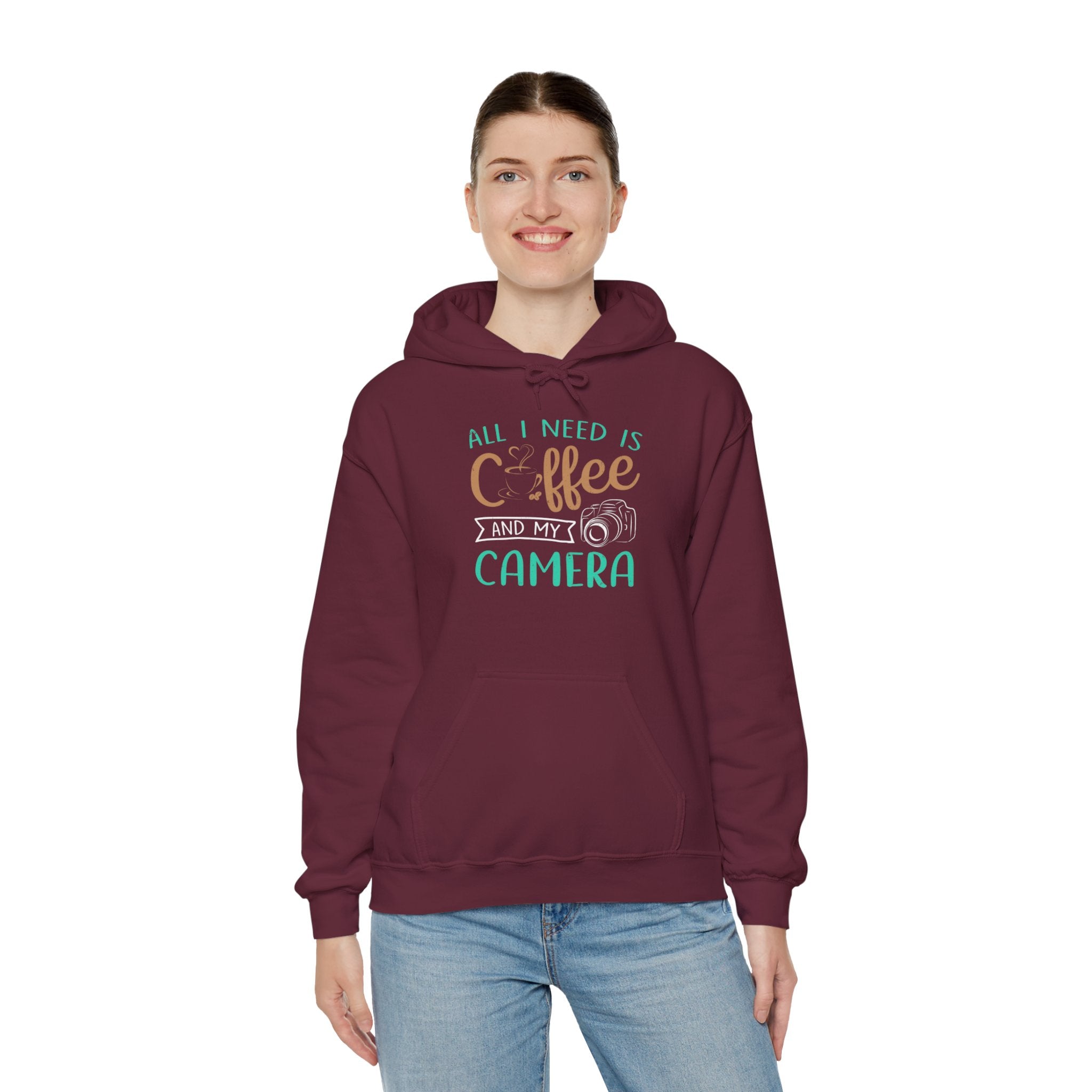 "ALL I NEED IS COFFEE AND MY CAMERA" Unisex Heavy Blend™ Hooded Sweatshirt