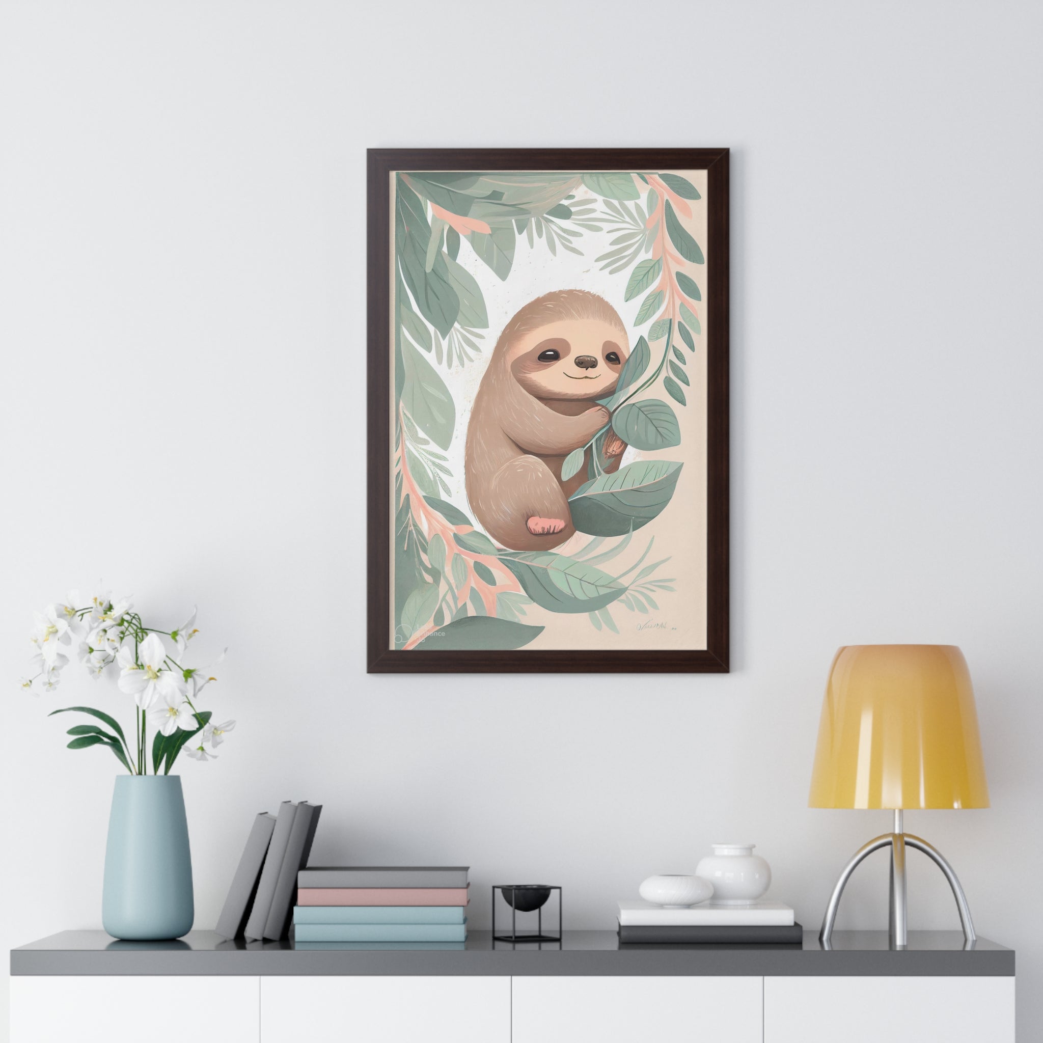 "ABSTRACT BABY SLOTH ON LEAF" Framed Vertical Poster