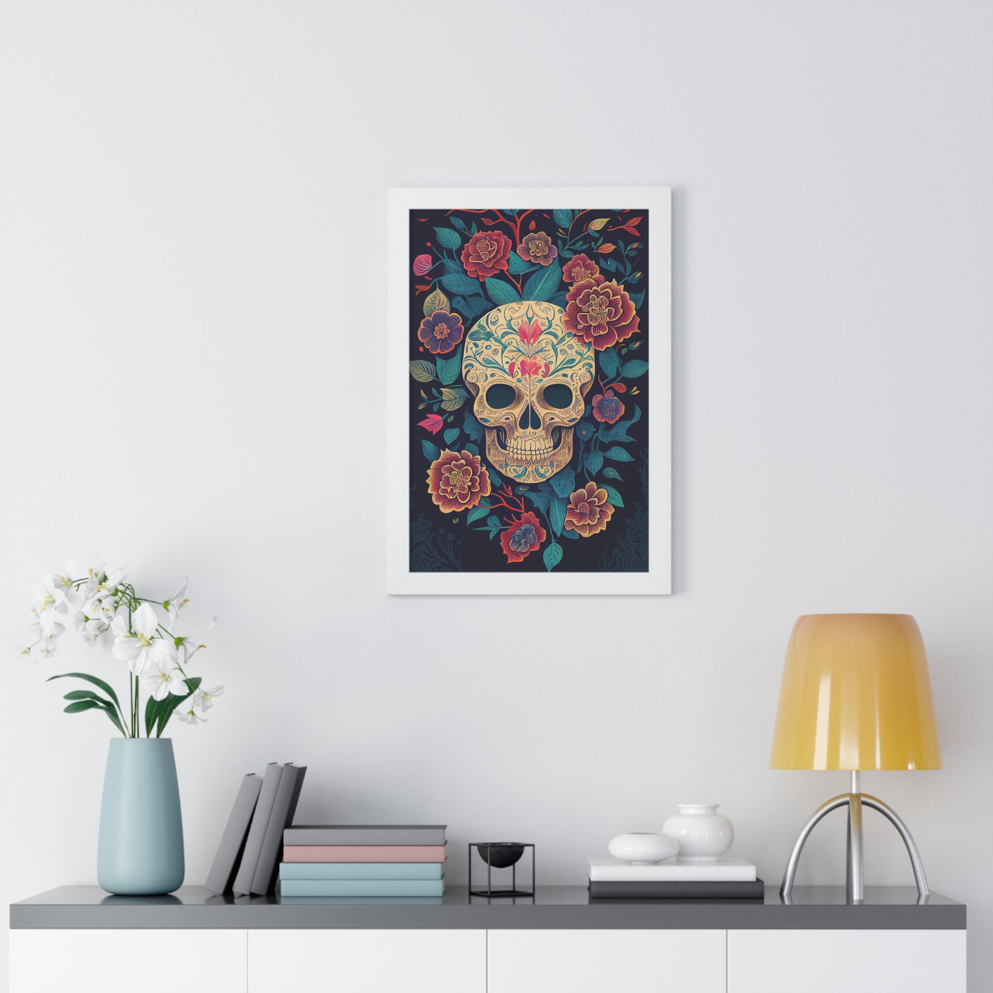 "BEIGE CHINOISERIE SUGAR SKULL" Framed Vertical Poster