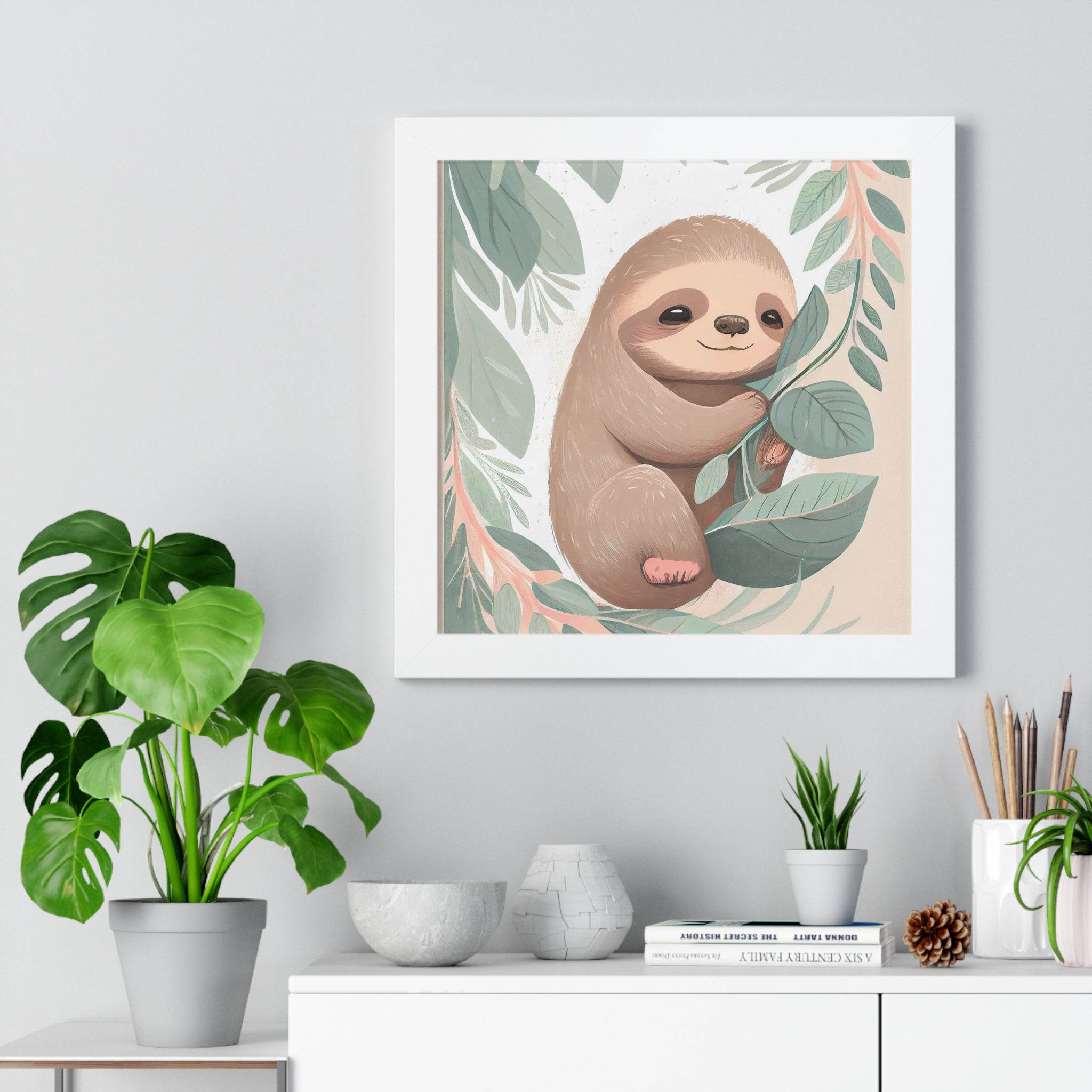 "ABSTRACT BABY SLOTH ON LEAF" Framed Vertical Poster