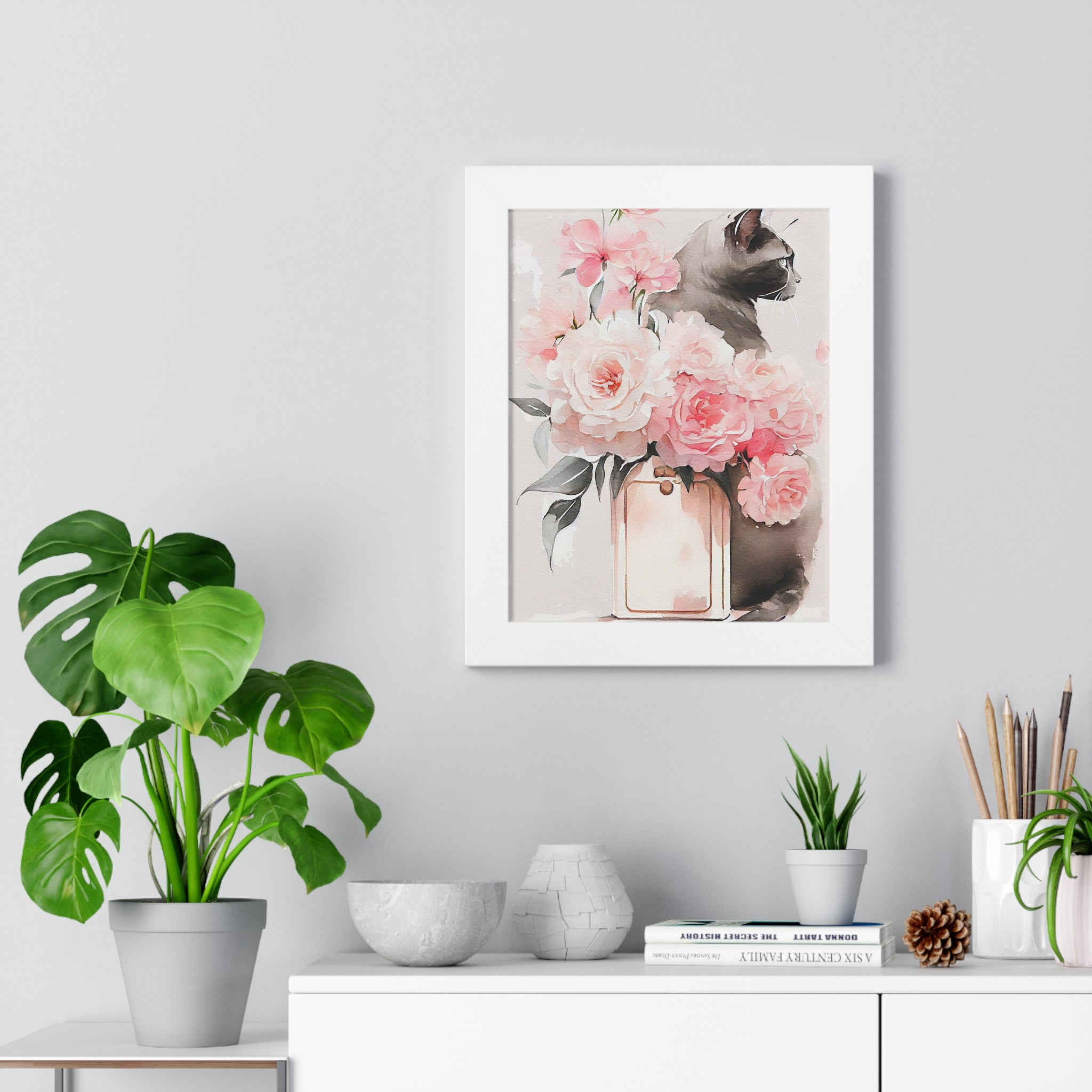 "BLACK CAT PERFUME PEONIES" Framed Vertical Poster