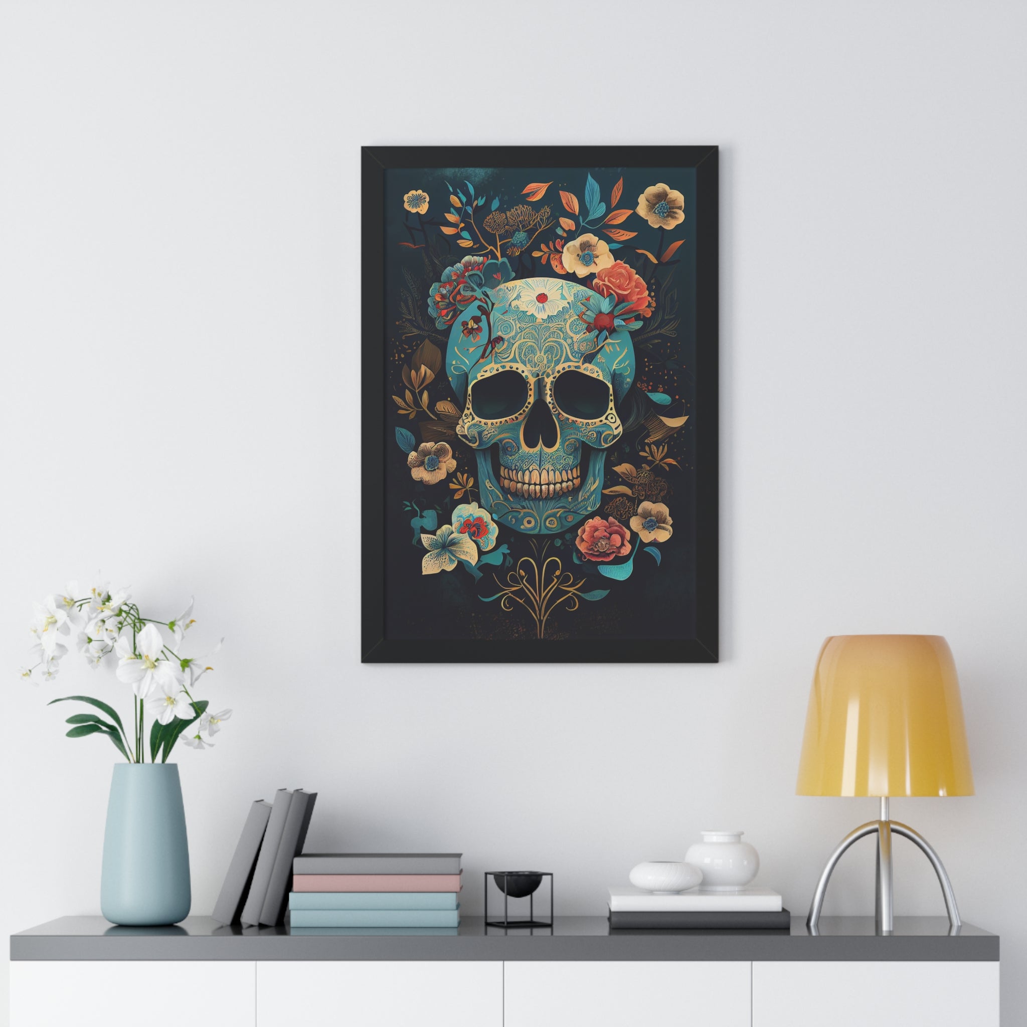 "BLUE CHINOISERIE SUGAR SKULL" Framed Vertical Poster