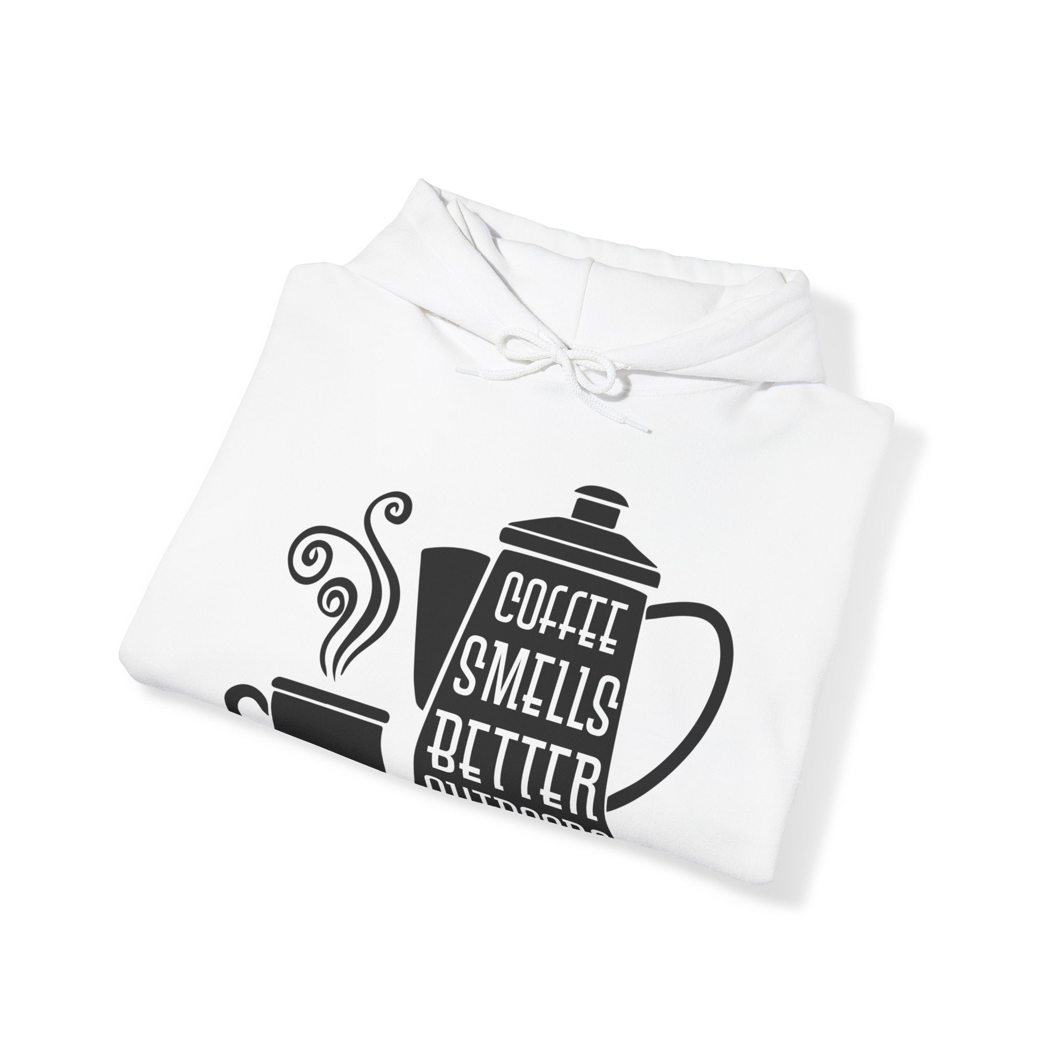 "COFFEE SMELLS BETTER OUTDOORS" Unisex Heavy Blend™ Hooded Sweatshirt