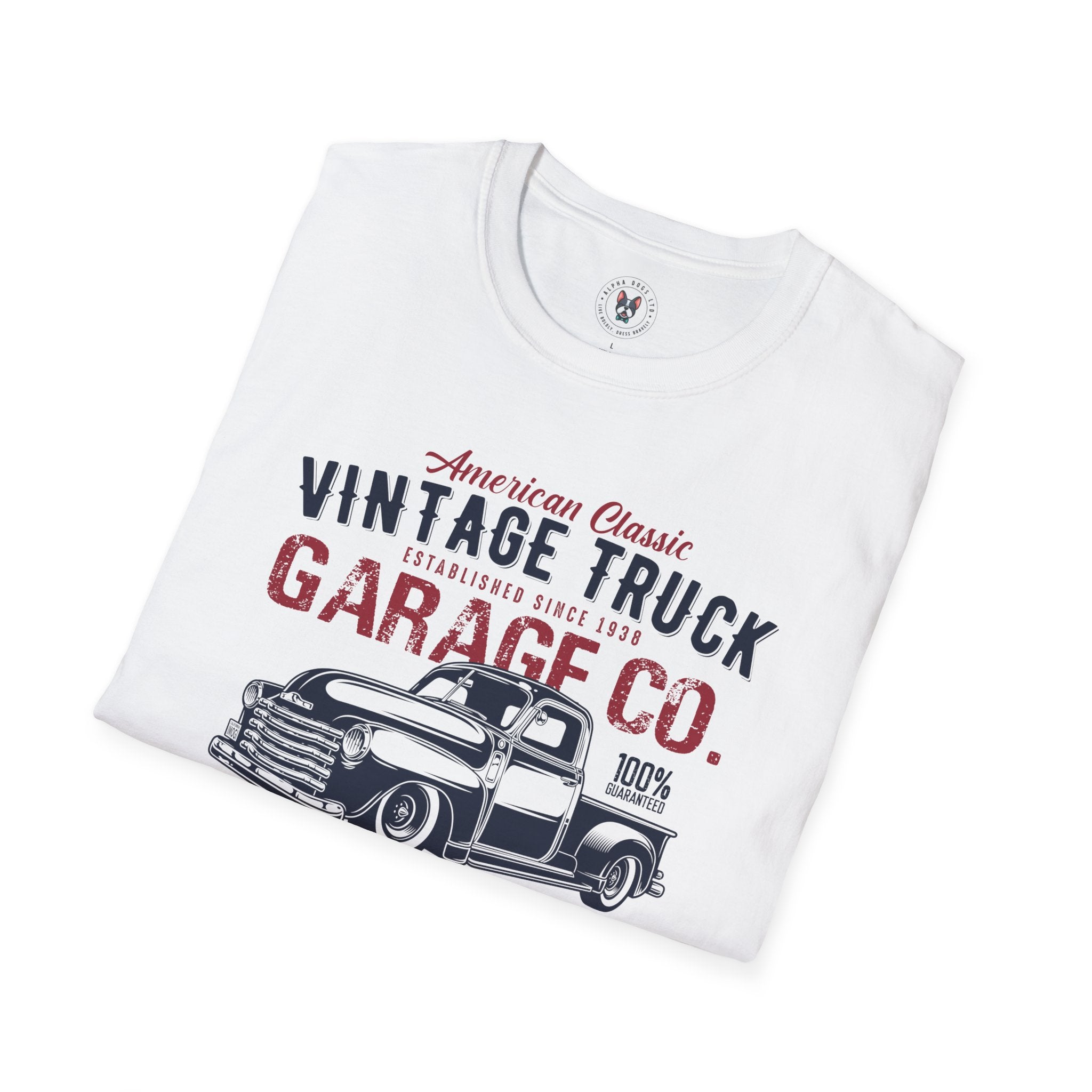 "AMERICAN CLASSIC VINTAGE TRUCK ESTABLISHED SINCE 1938 GARAGE CO. SERVICE & REPAIR ORIGINAL SPARE PARTS AUTHENTIC HANDCRAFTED" Unisex Soft style T-Shirt