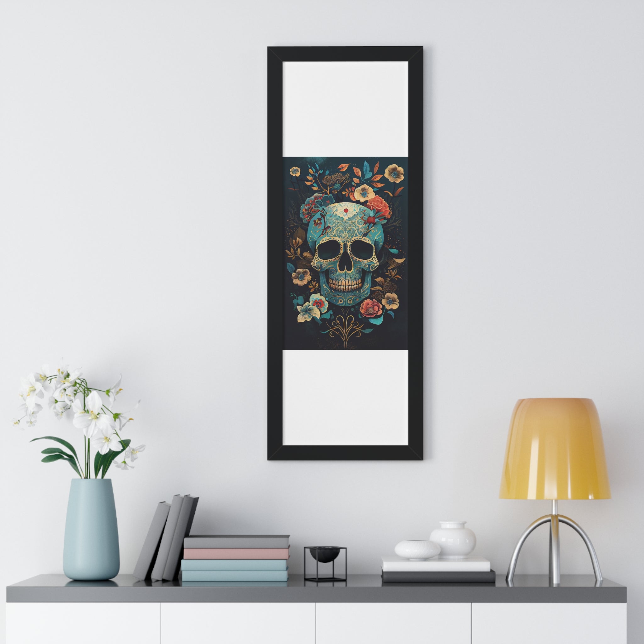 "BLUE CHINOISERIE SUGAR SKULL" Framed Vertical Poster