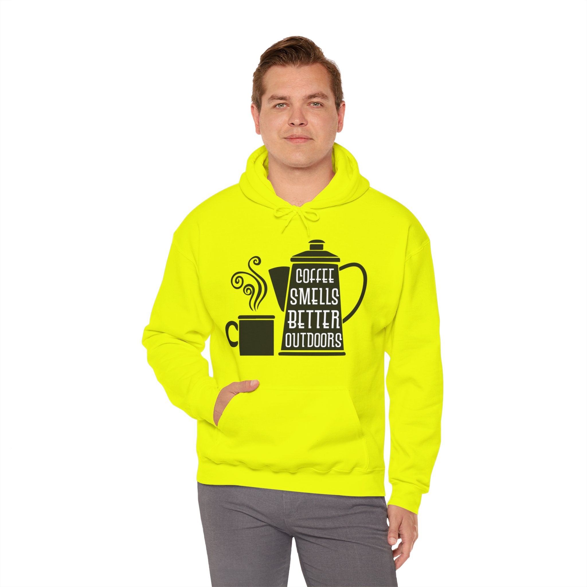 "COFFEE SMELLS BETTER OUTDOORS" Unisex Heavy Blend™ Hooded Sweatshirt