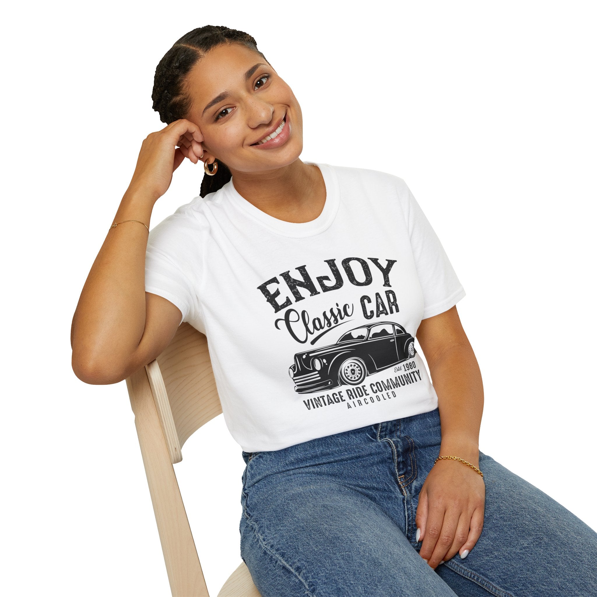 "ENJOY CLASSIC CAR VINTAGE RIDE COMMUNITY AIR-COOLED" Unisex Soft style T-Shirt