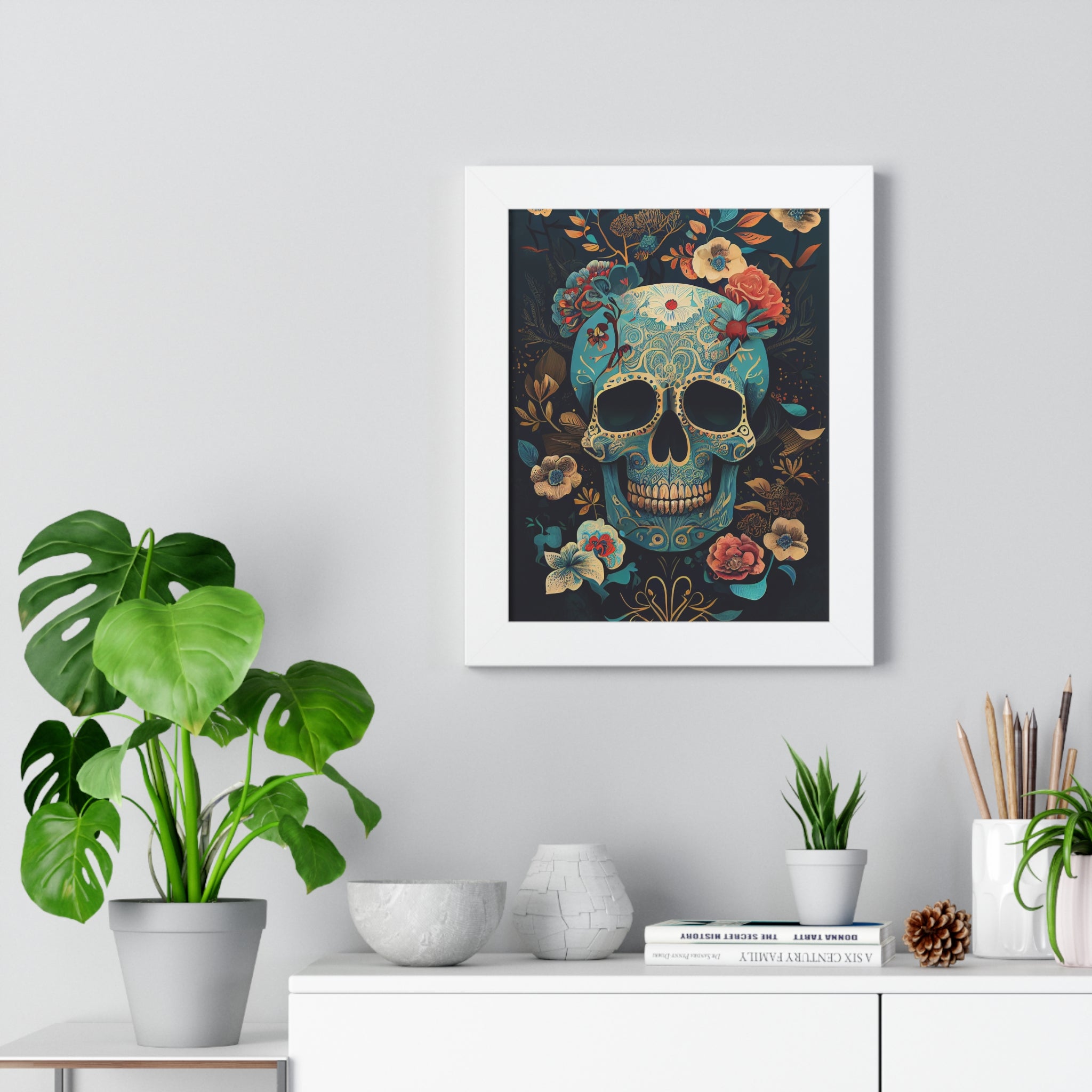 "BLUE CHINOISERIE SUGAR SKULL" Framed Vertical Poster