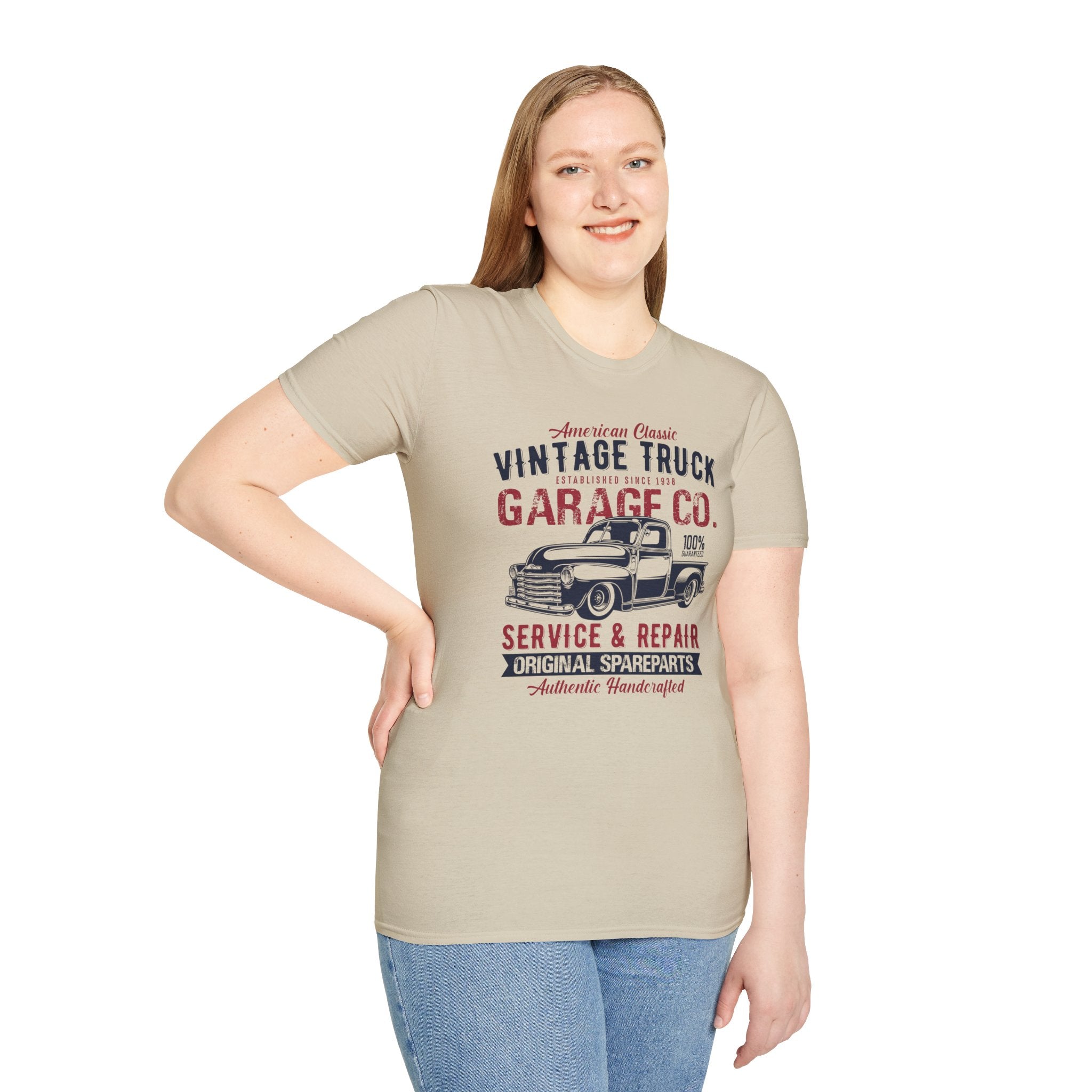 "AMERICAN CLASSIC VINTAGE TRUCK ESTABLISHED SINCE 1938 GARAGE CO. SERVICE & REPAIR ORIGINAL SPARE PARTS AUTHENTIC HANDCRAFTED" Unisex Soft style T-Shirt