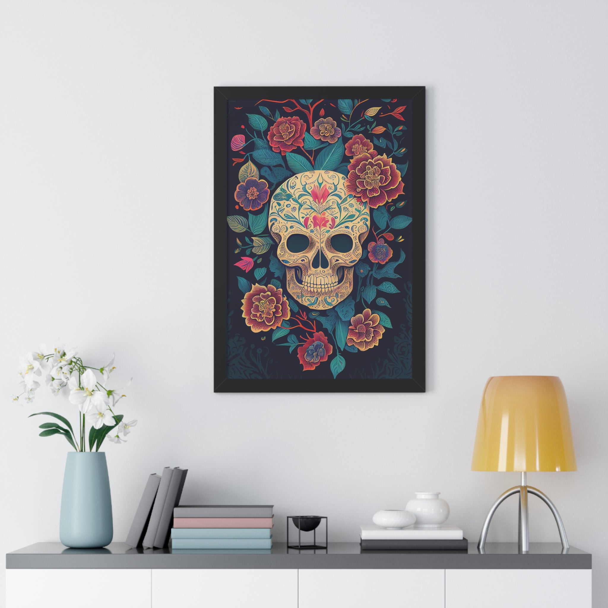 "BEIGE CHINOISERIE SUGAR SKULL" Framed Vertical Poster