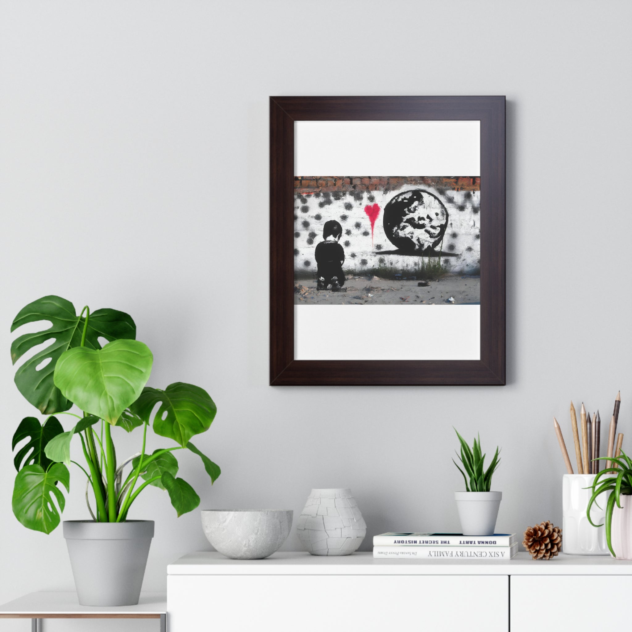 "BANKSY-STYLE GRAFFITI OF A SAD CHILD LOOKING AT DESTROYED EARTH" Framed Vertical Poster