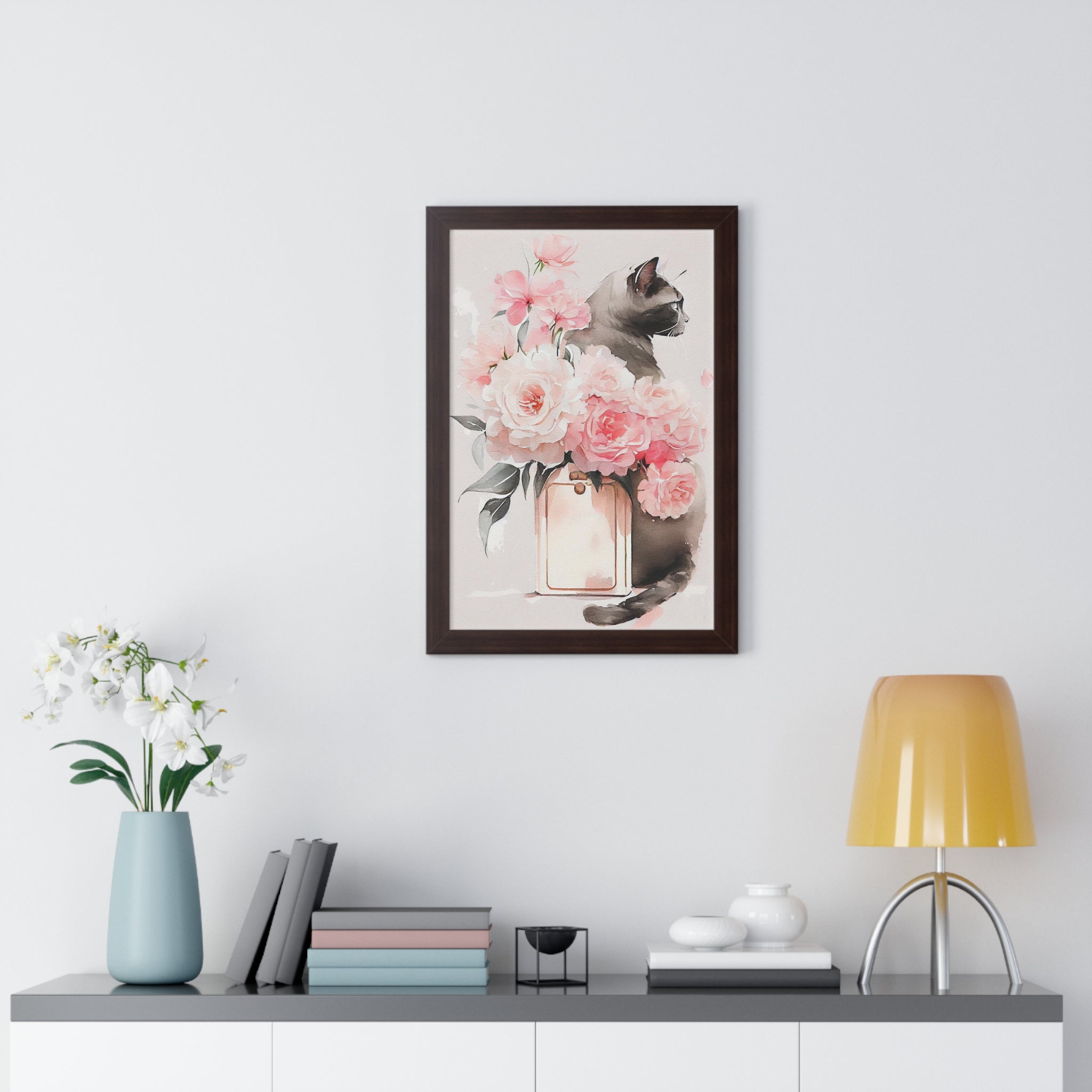 "BLACK CAT PERFUME PEONIES" Framed Vertical Poster