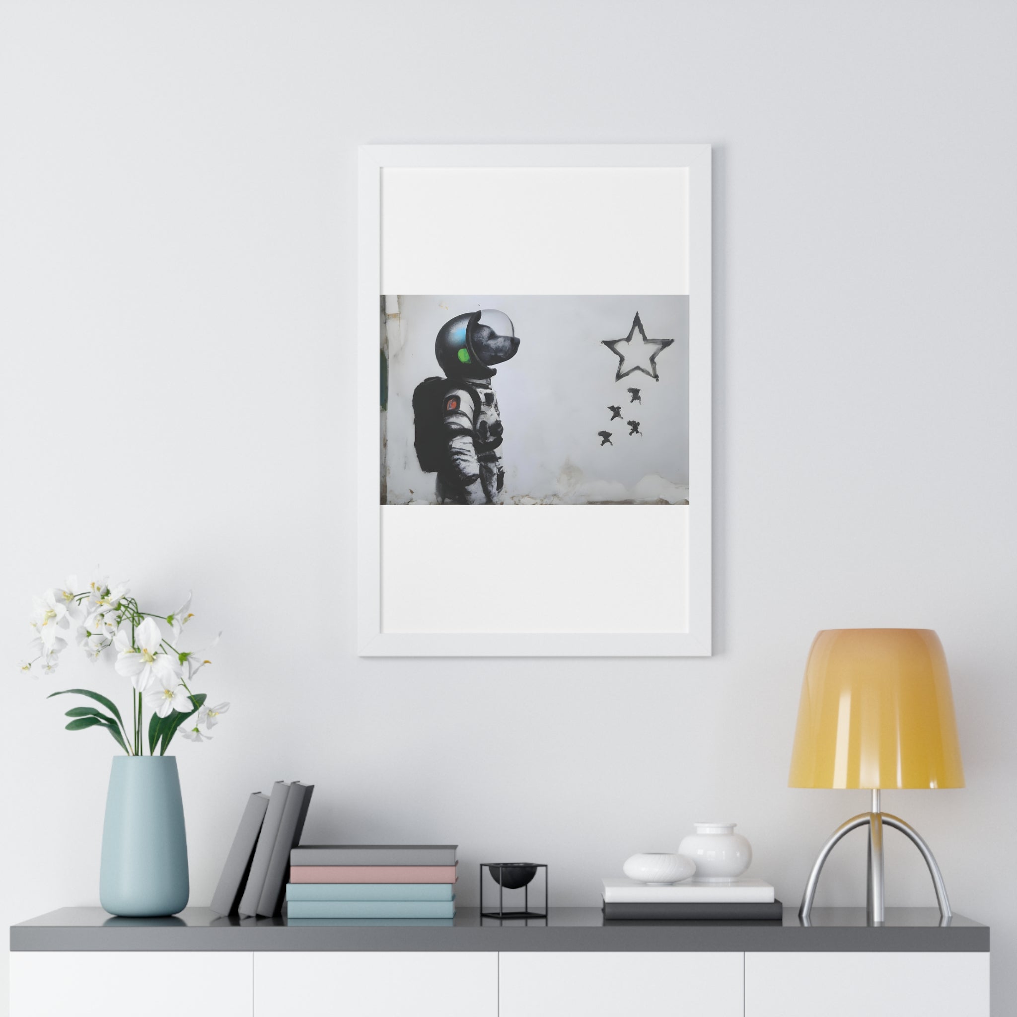 "BANKSY-STYLE ASTRONAUT DOG LOOKING TO THE STARS" Framed Vertical Poster