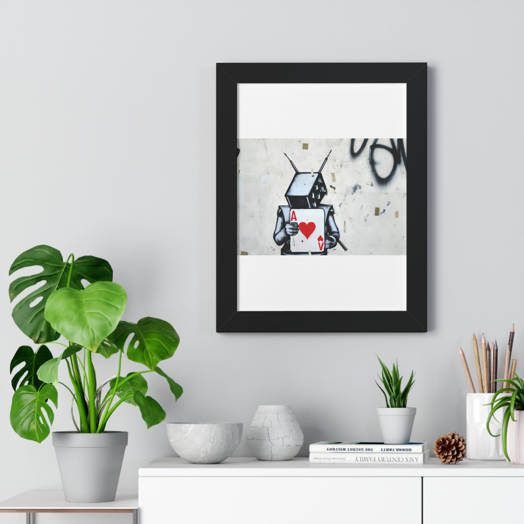 "BANKSY-STYLE GRAFFITI OF A ROBOT PLAYING CARDS" Framed Vertical Poster