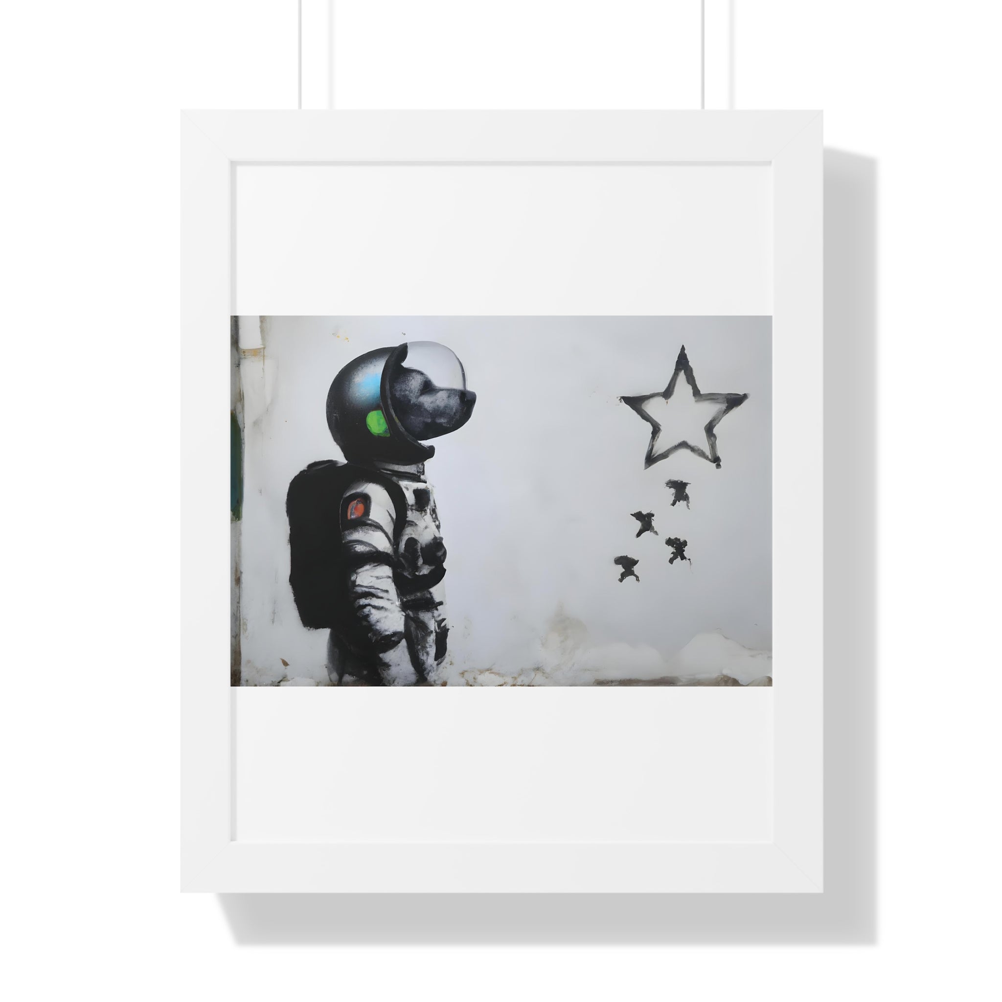 "BANKSY-STYLE ASTRONAUT DOG LOOKING TO THE STARS" Framed Vertical Poster