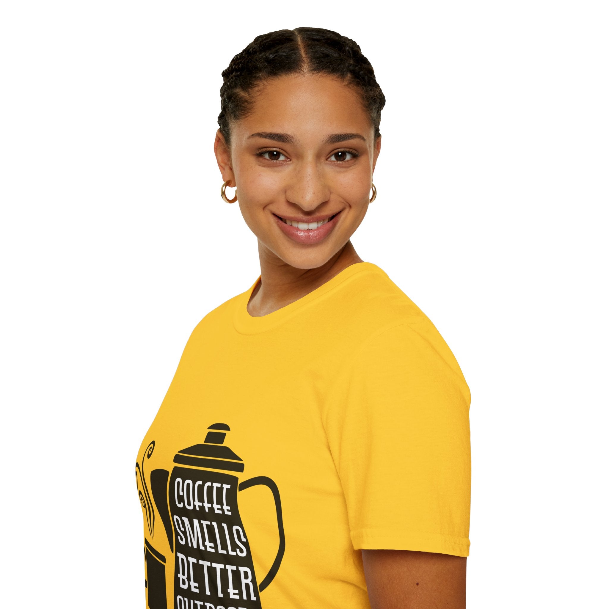 "COFFEE SMELLS BETTER OUTDOORS" Unisex Soft style T-Shirt