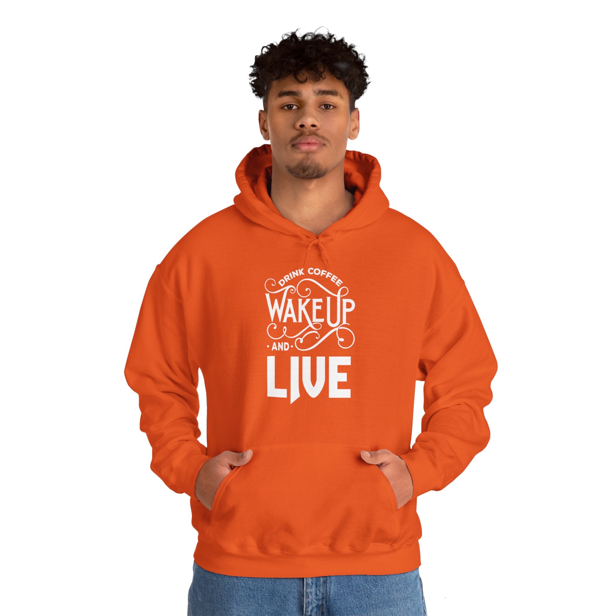 "DRINK COFFEE WAKE UP AND LIVE" Unisex Heavy Blend™ Hooded Sweatshirt