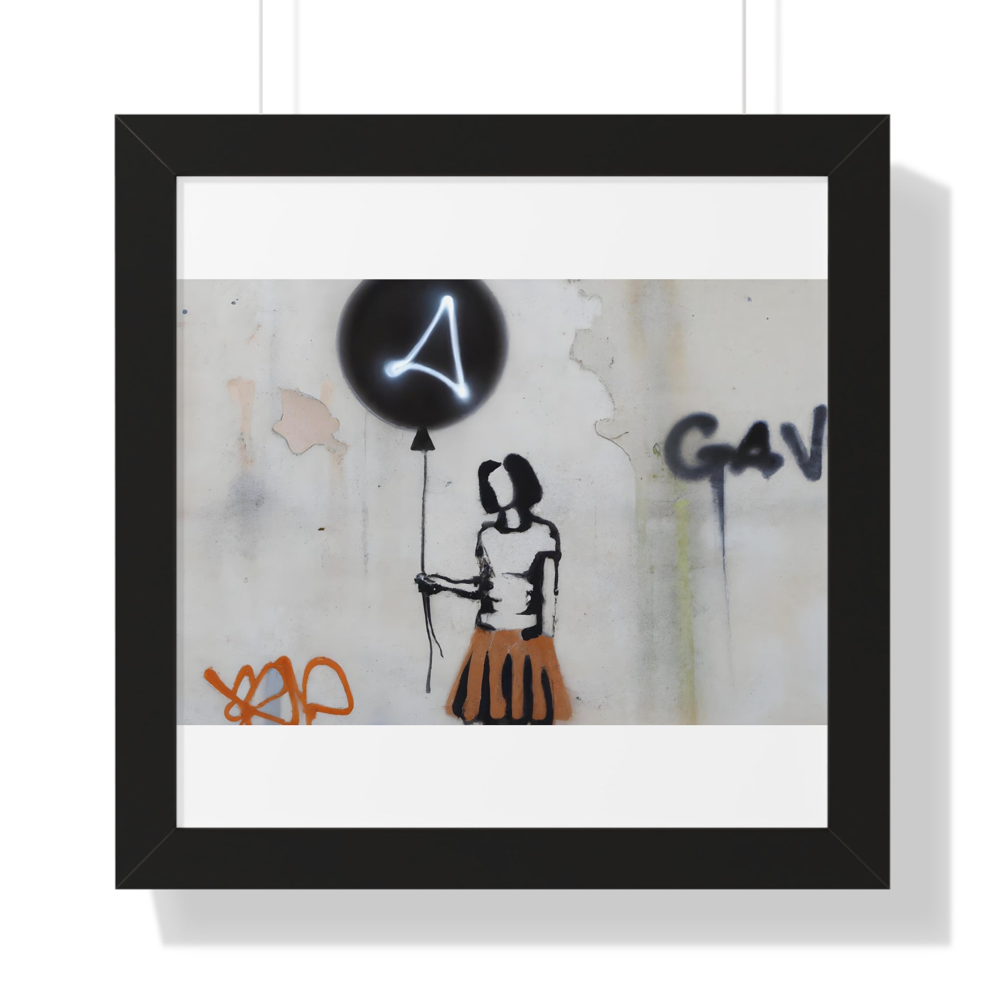 "BANKSY-STYLE GRAFFITI OF A WOMAN IN SKIRT HOLDING A BALLOON" Framed Vertical Poster