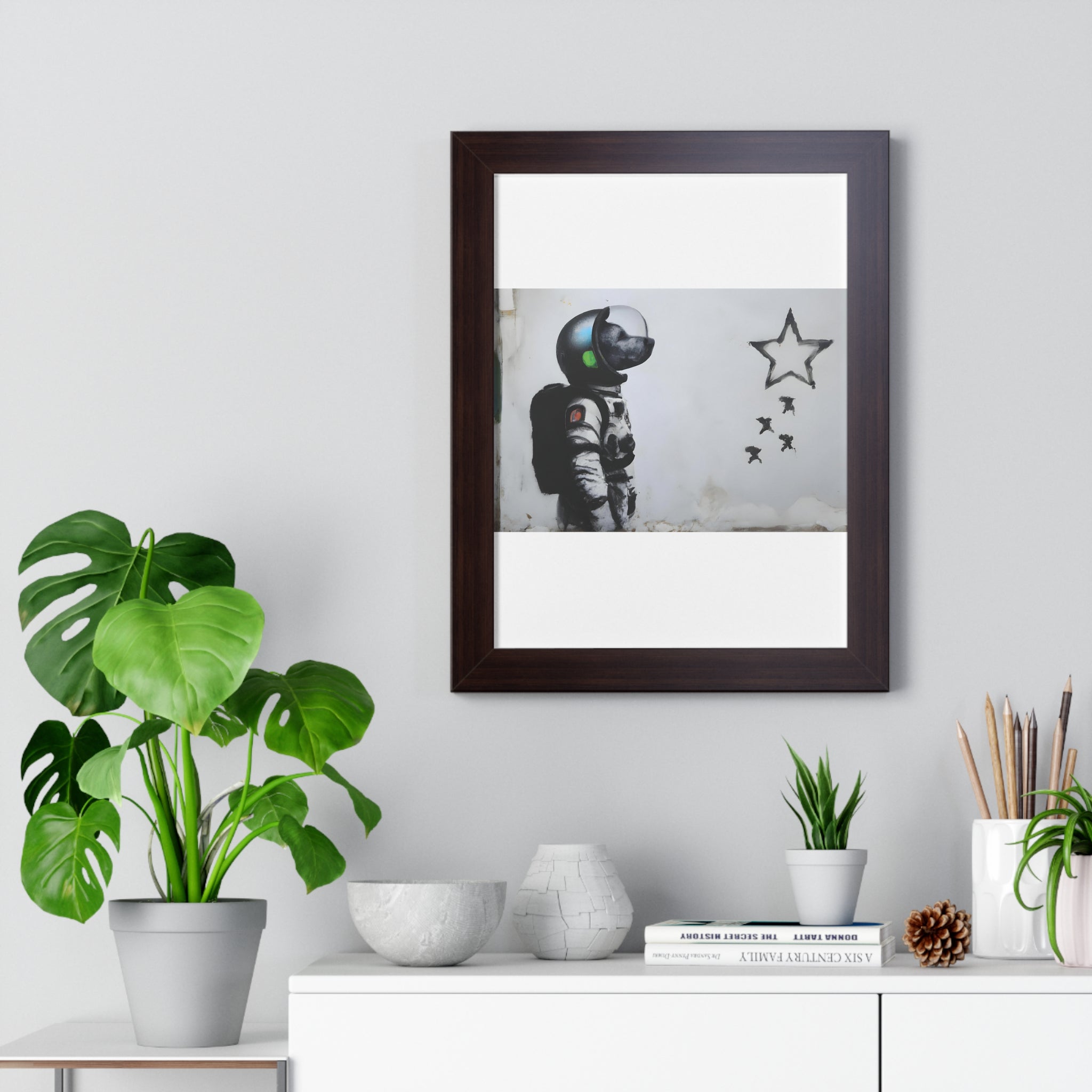 "BANKSY-STYLE ASTRONAUT DOG LOOKING TO THE STARS" Framed Vertical Poster