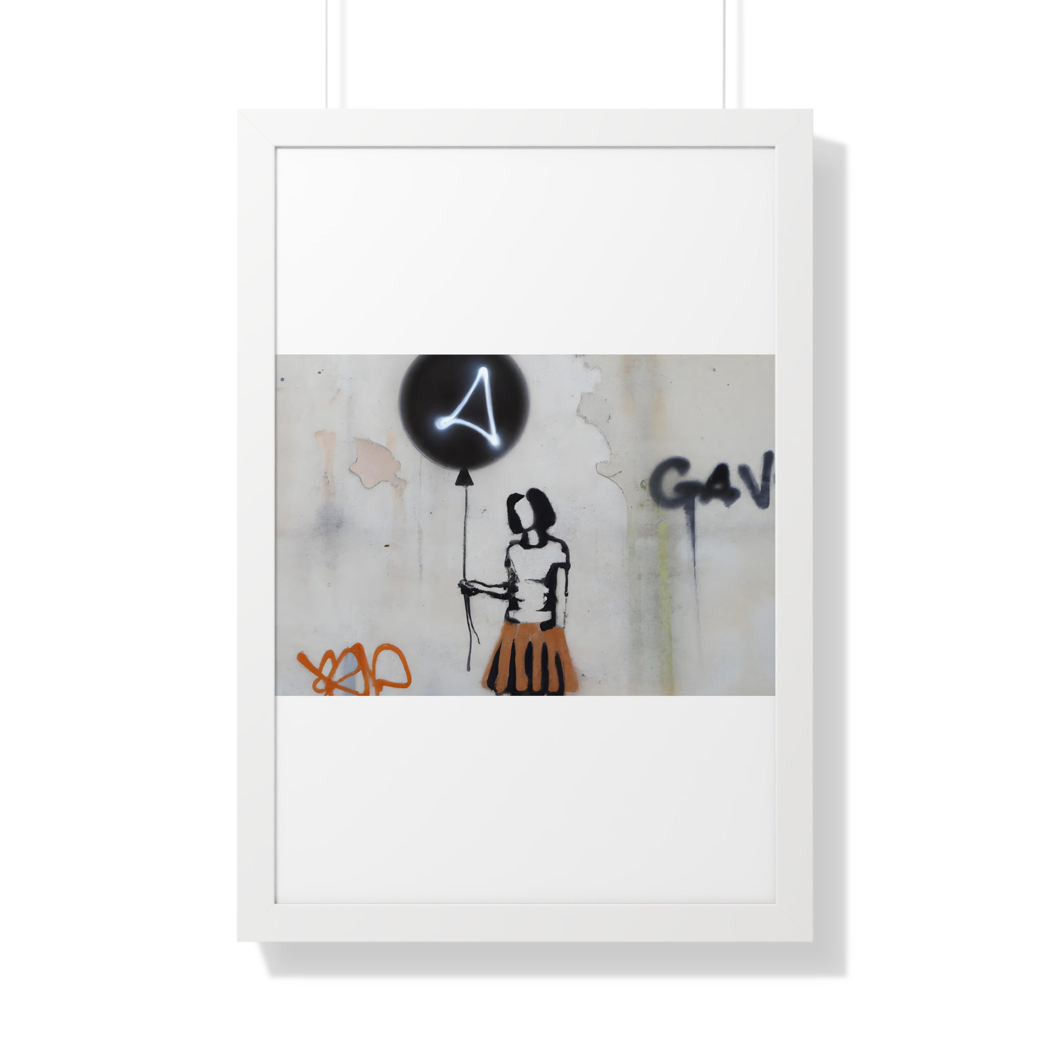 "BANKSY-STYLE GRAFFITI OF A WOMAN IN SKIRT HOLDING A BALLOON" Framed Vertical Poster