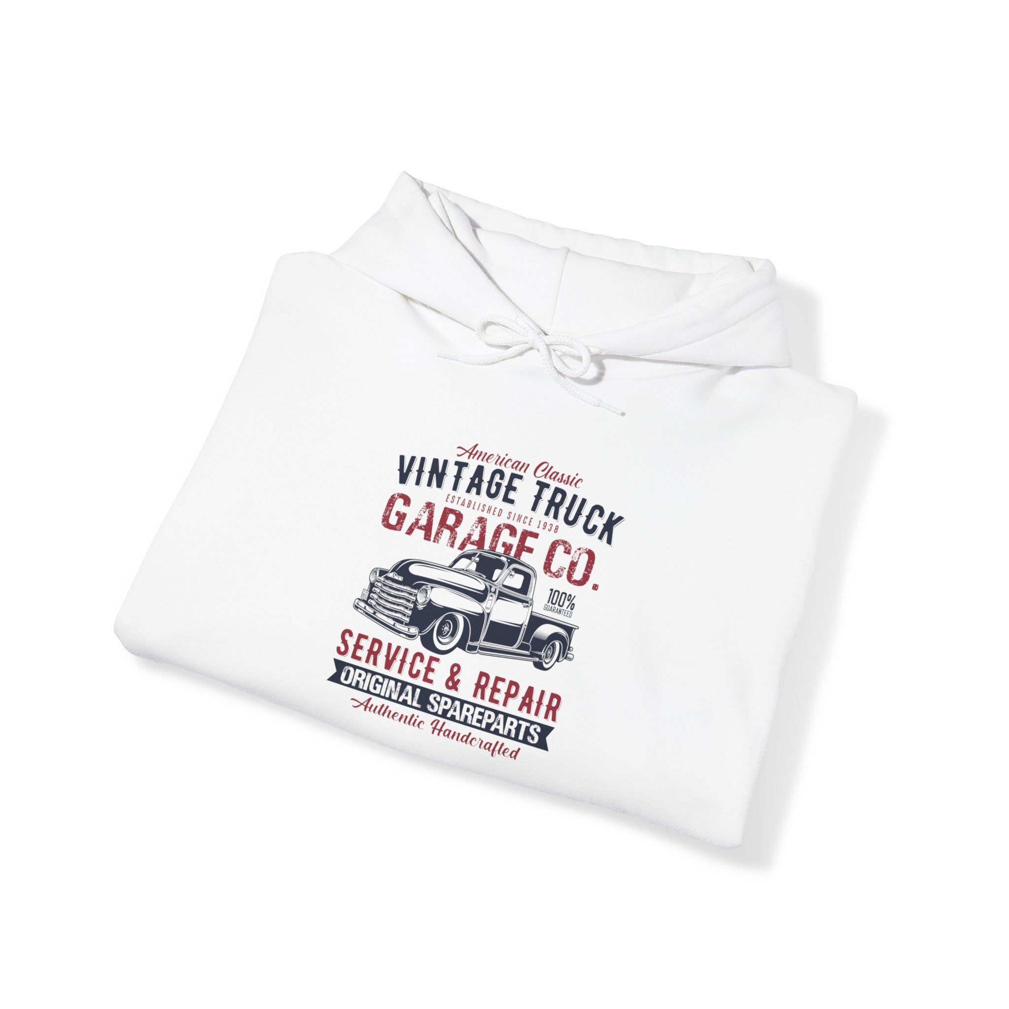 "AMERICAN CLASSIC VINTAGE TRUCK ESTABLISHED SINCE 1938 GARAGE CO. SERVICE & REPAIR ORIGINAL SPARE PARTS AUTHENTIC HANDCRAFTED" Unisex Heavy Blend™ Hooded Sweatshirt