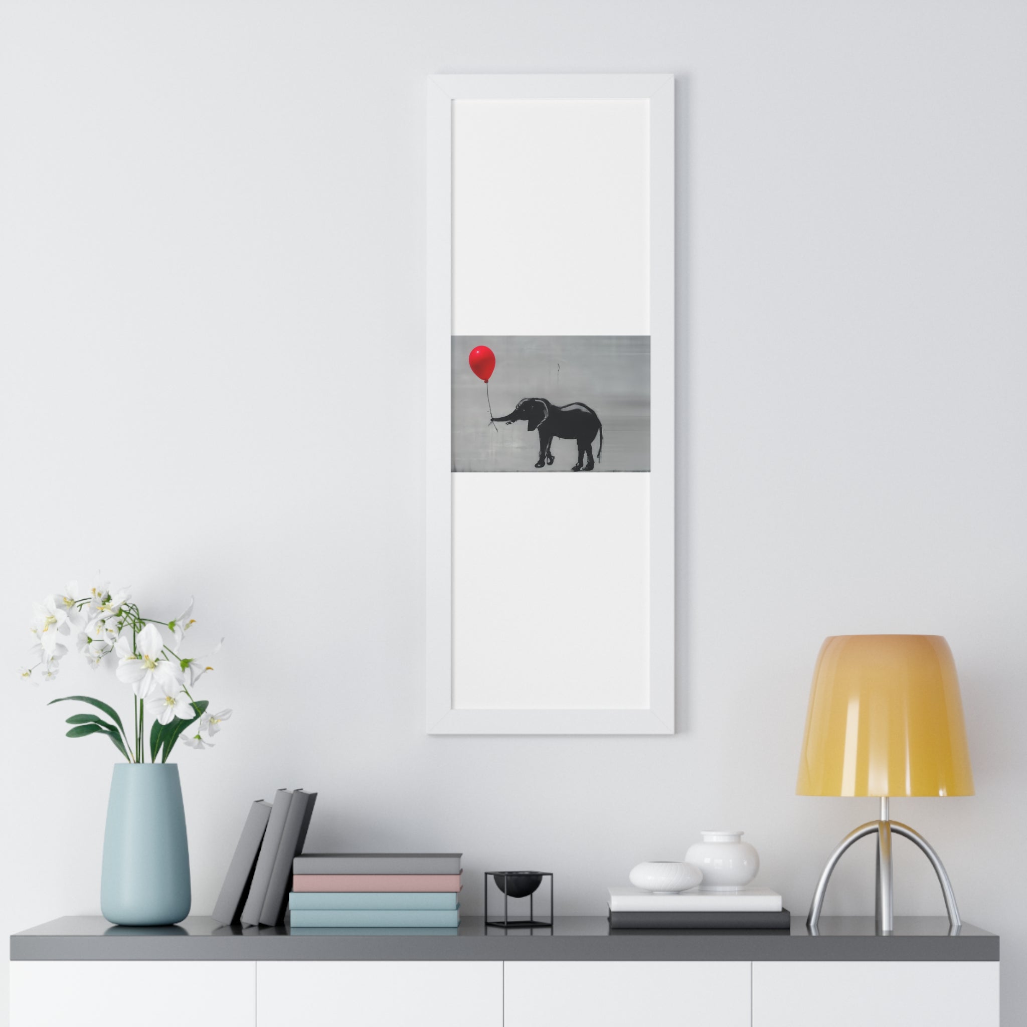 "BANKSY-STYLE ELEPHANT HOLDING A RED BALLOON" Framed Vertical Poster