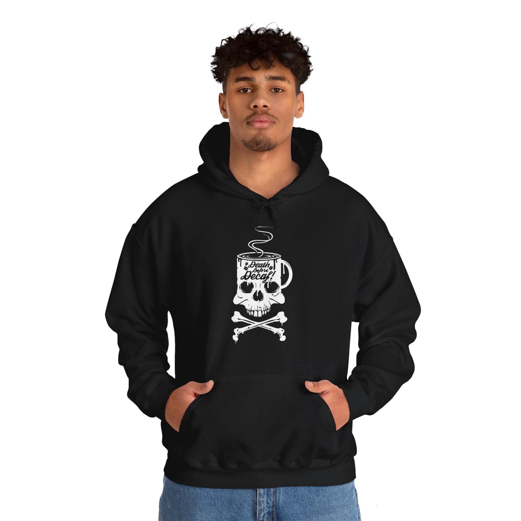 "DEATH BEFORE DECAF!" Unisex Heavy Blend™ Hooded Sweatshirt