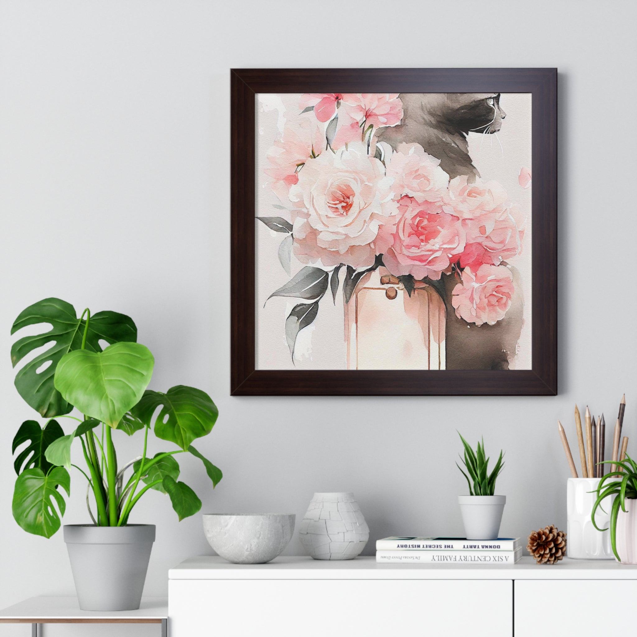 "BLACK CAT PERFUME PEONIES" Framed Vertical Poster