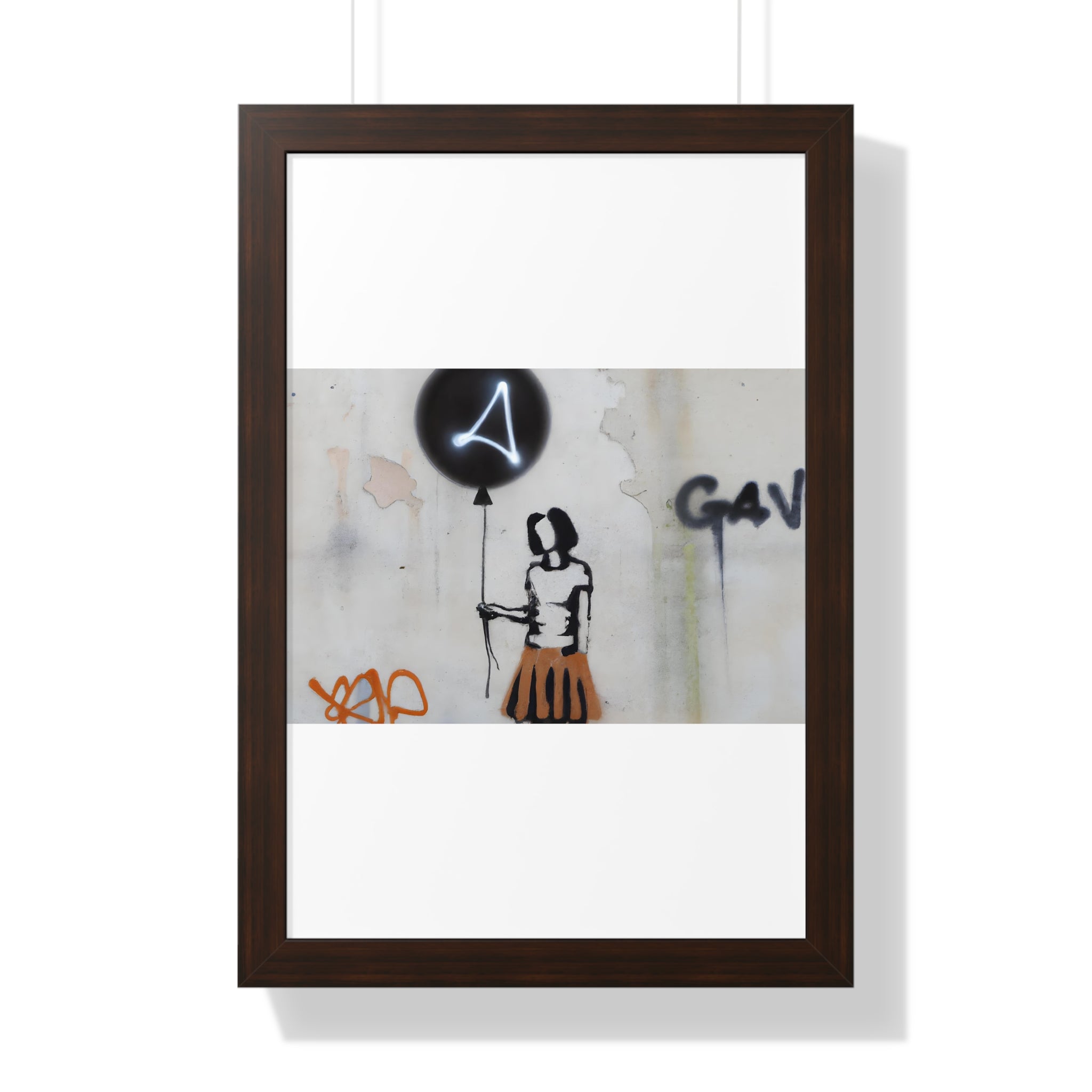 "BANKSY-STYLE GRAFFITI OF A WOMAN IN SKIRT HOLDING A BALLOON" Framed Vertical Poster