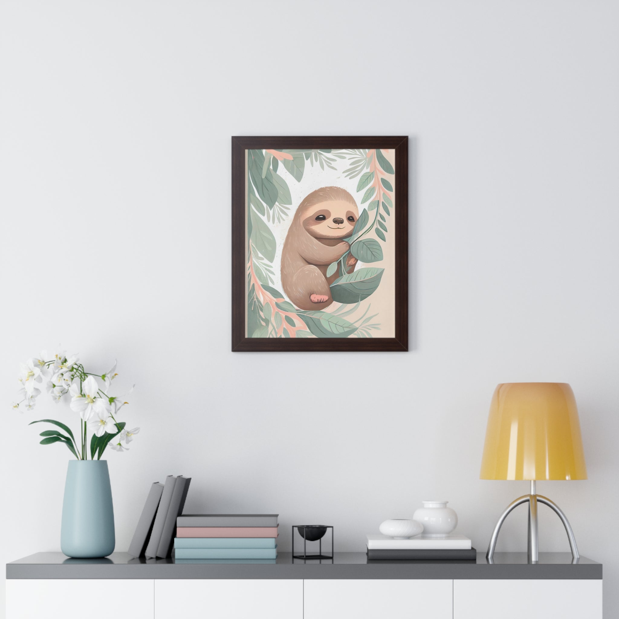 "ABSTRACT BABY SLOTH ON LEAF" Framed Vertical Poster