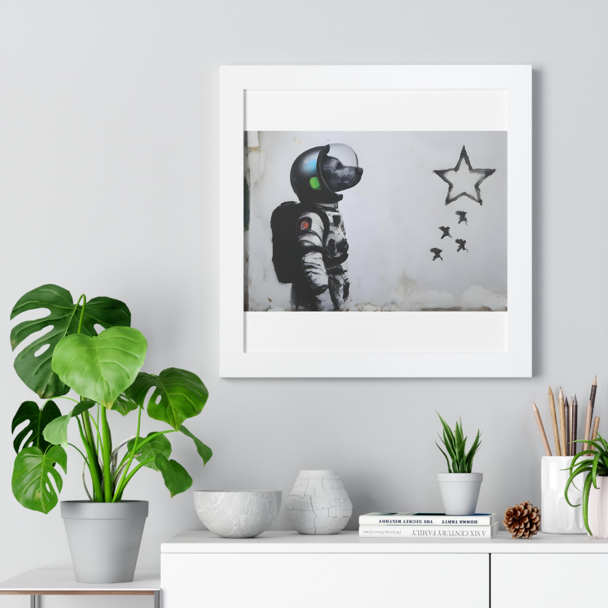 "BANKSY-STYLE ASTRONAUT DOG LOOKING TO THE STARS" Framed Vertical Poster