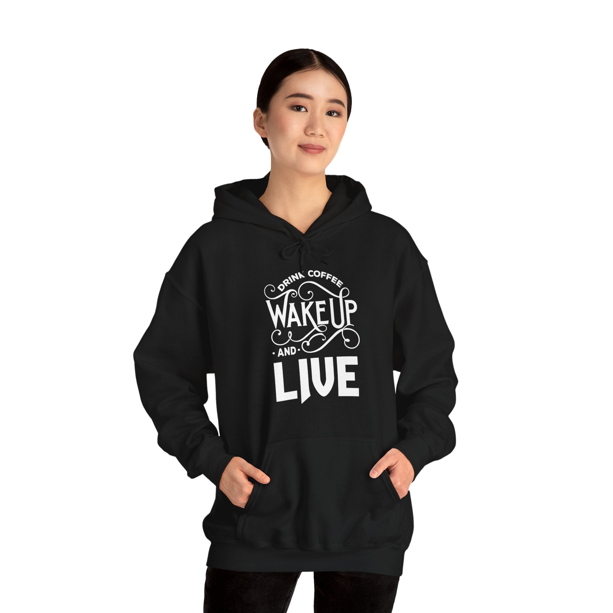 "DRINK COFFEE WAKE UP AND LIVE" Unisex Heavy Blend™ Hooded Sweatshirt