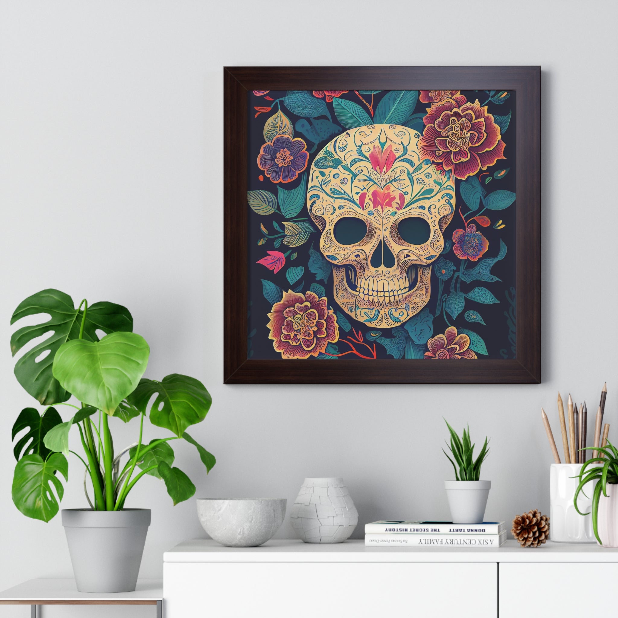 "BEIGE CHINOISERIE SUGAR SKULL" Framed Vertical Poster