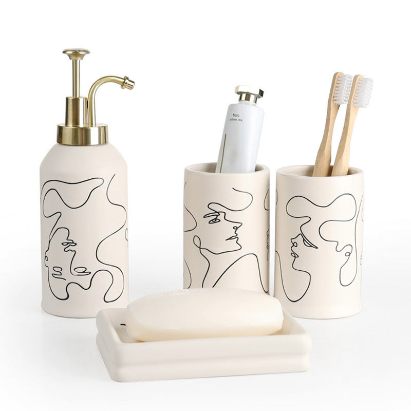 Ceramic Mouthwash Cup Toothbrush Abstract Creamy-white Bathroom Hotel 4-piece Set