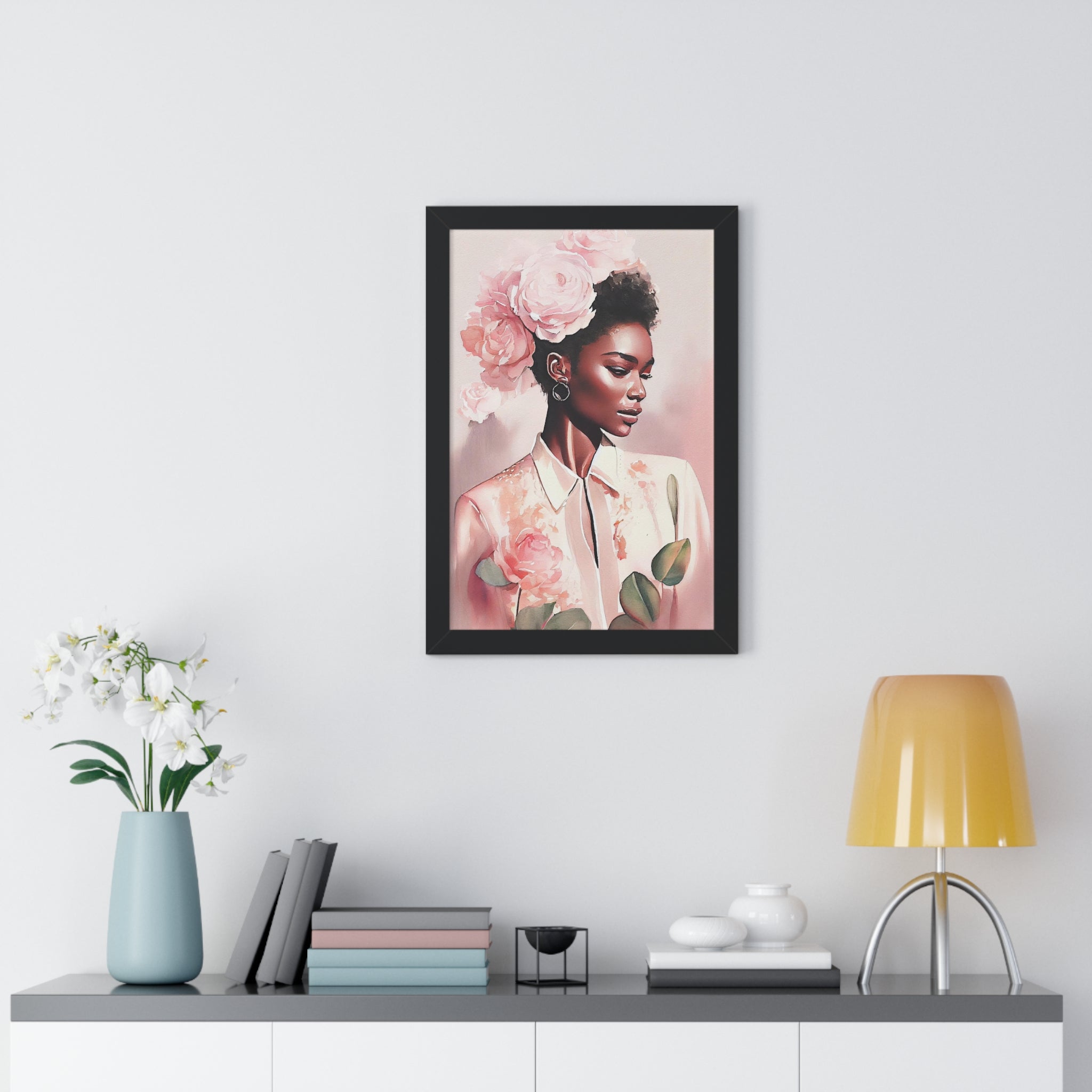 "BLACK WOMAN PEONIES" Framed Vertical Poster