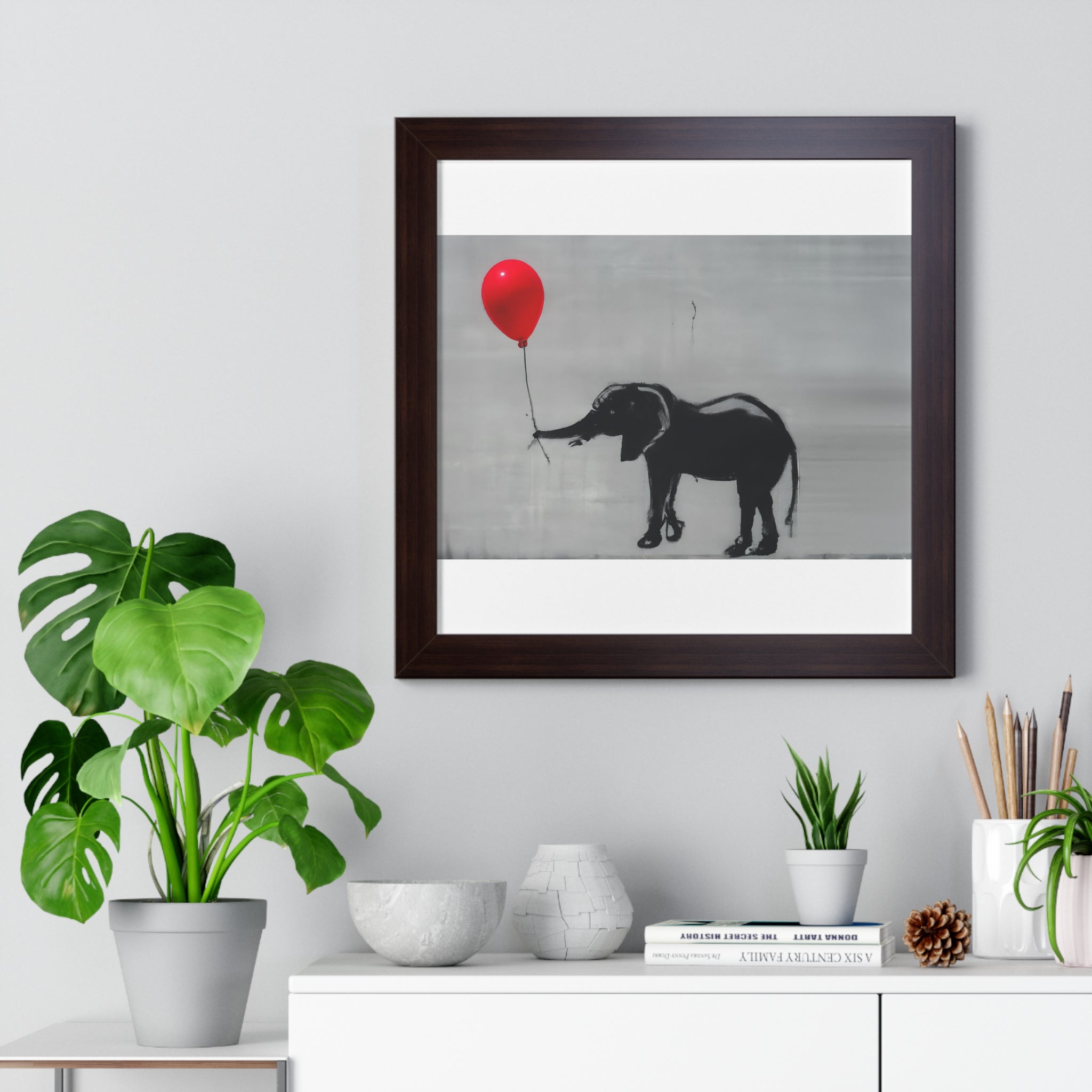 "BANKSY-STYLE ELEPHANT HOLDING A RED BALLOON" Framed Vertical Poster