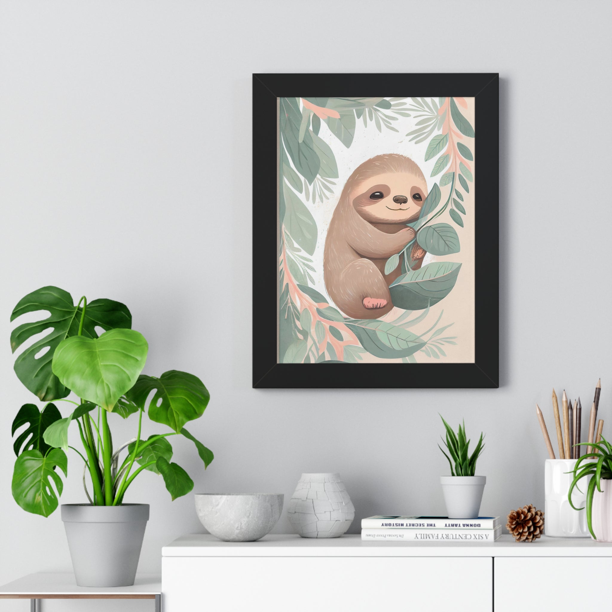 "ABSTRACT BABY SLOTH ON LEAF" Framed Vertical Poster