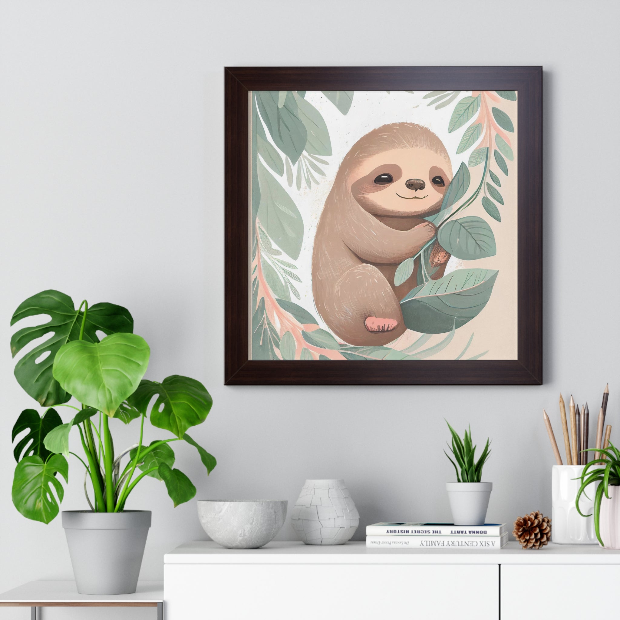 "ABSTRACT BABY SLOTH ON LEAF" Framed Vertical Poster