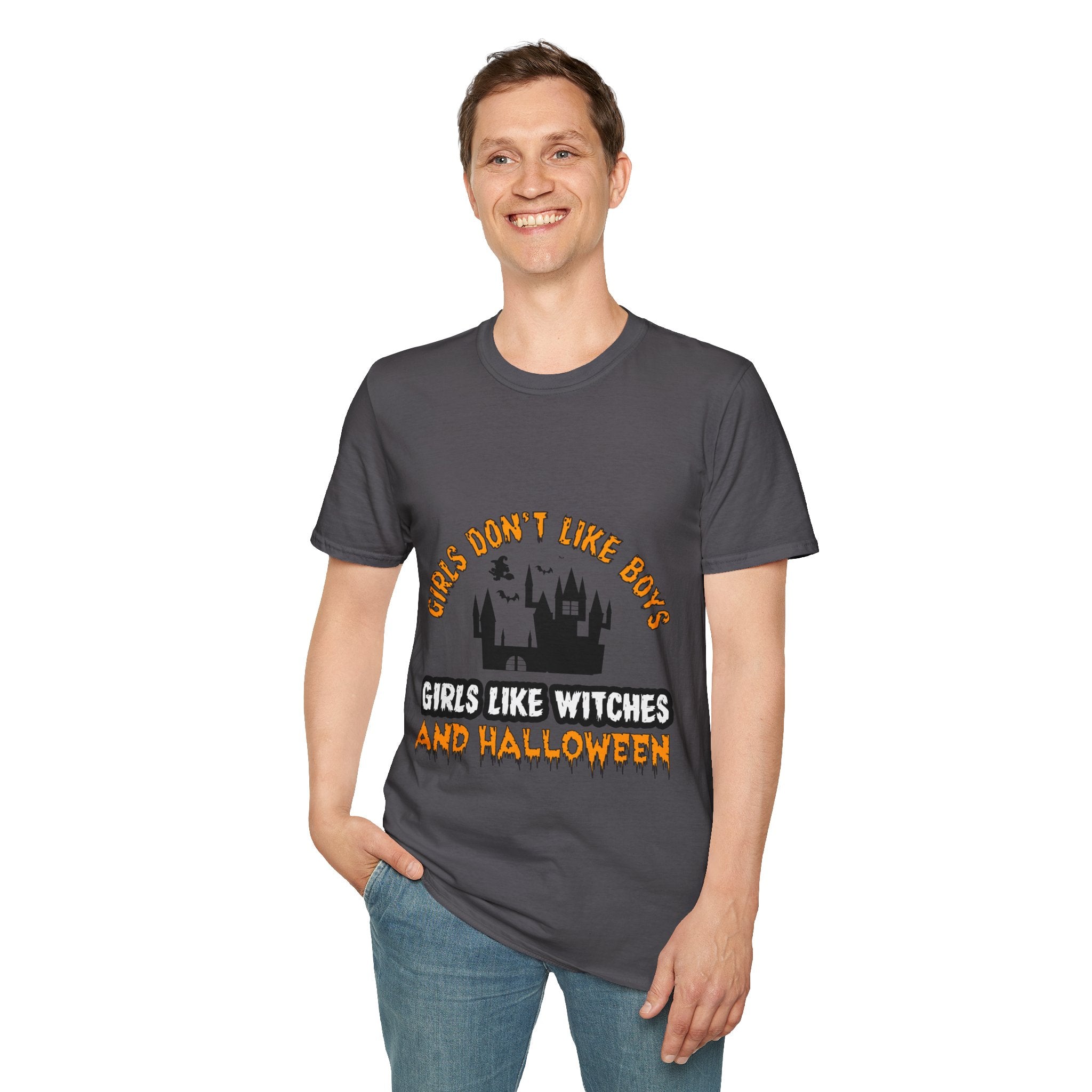 "GIRLS DON'T LIKE BOYS GIRLS LIKE WITCHES AND HALLOWEEN" Unisex Soft style T-Shirt