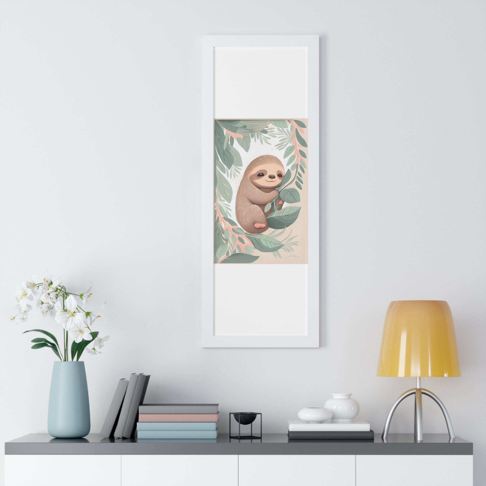 "ABSTRACT BABY SLOTH ON LEAF" Framed Vertical Poster