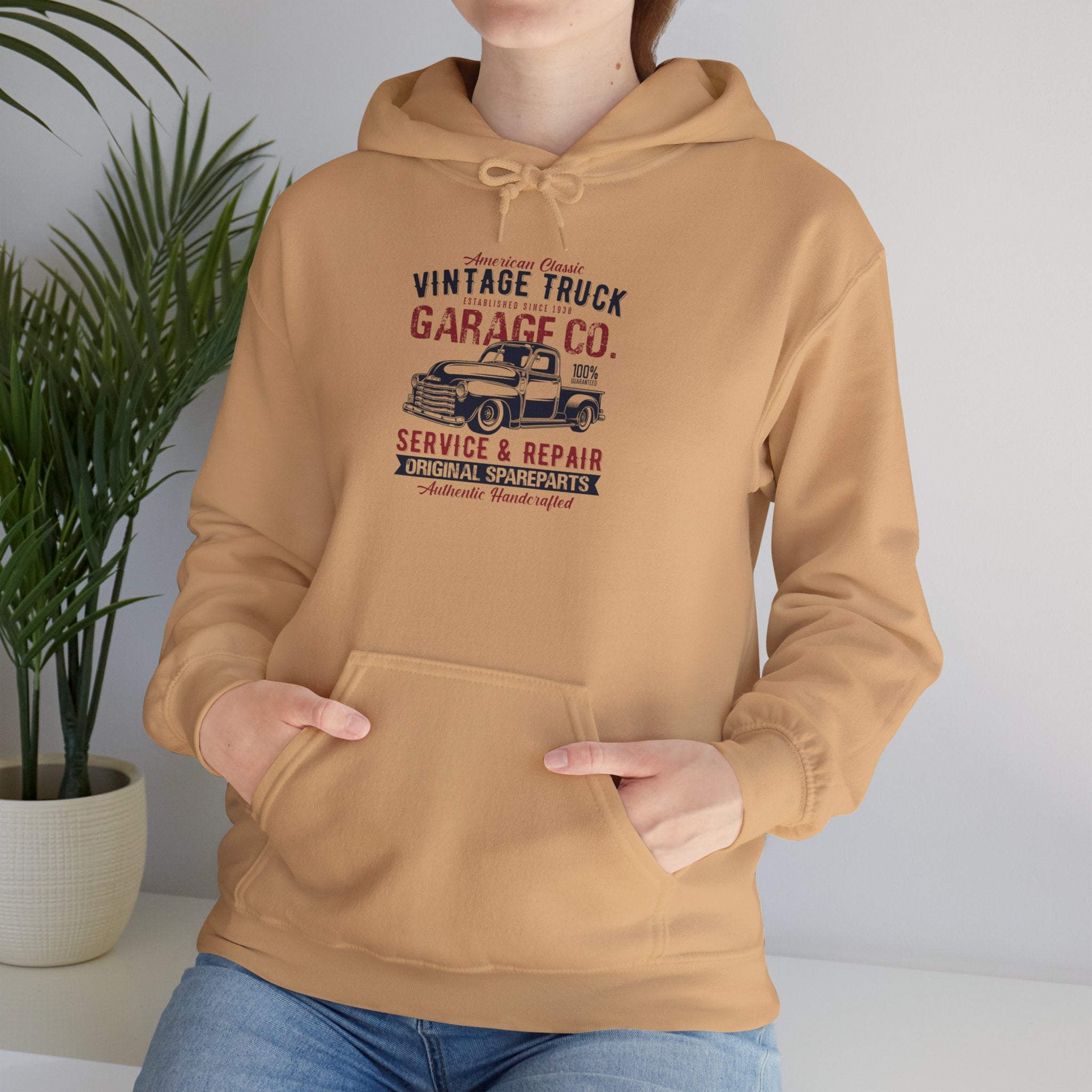 "AMERICAN CLASSIC VINTAGE TRUCK ESTABLISHED SINCE 1938 GARAGE CO. SERVICE & REPAIR ORIGINAL SPARE PARTS AUTHENTIC HANDCRAFTED" Unisex Heavy Blend™ Hooded Sweatshirt