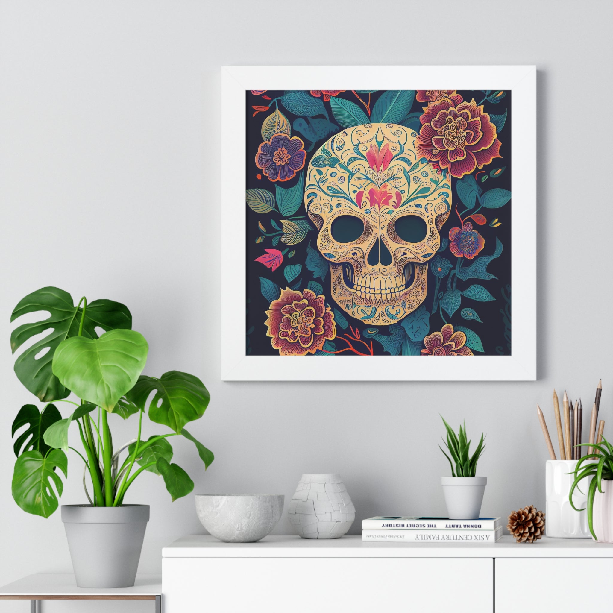 "BEIGE CHINOISERIE SUGAR SKULL" Framed Vertical Poster