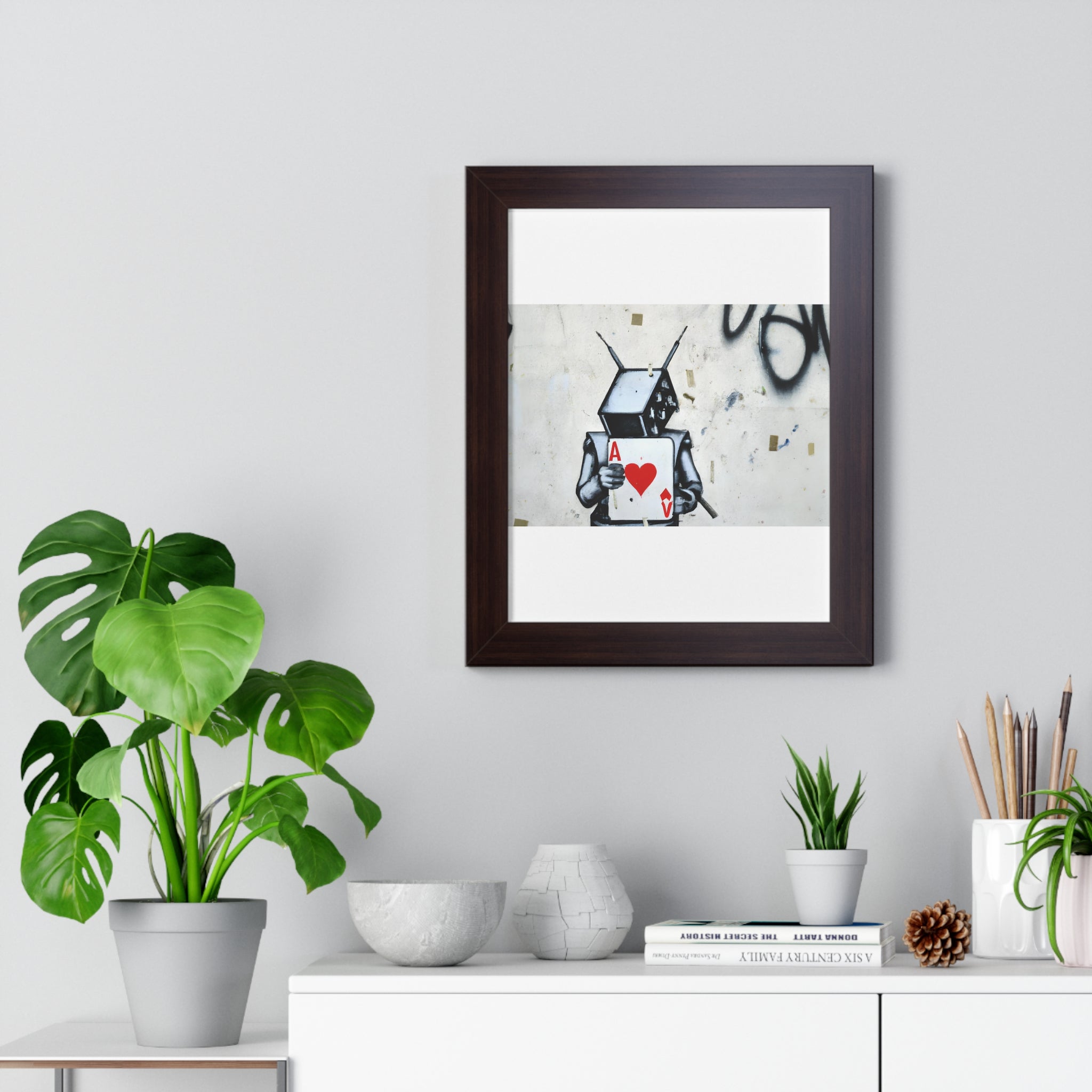 "BANKSY-STYLE GRAFFITI OF A ROBOT PLAYING CARDS" Framed Vertical Poster