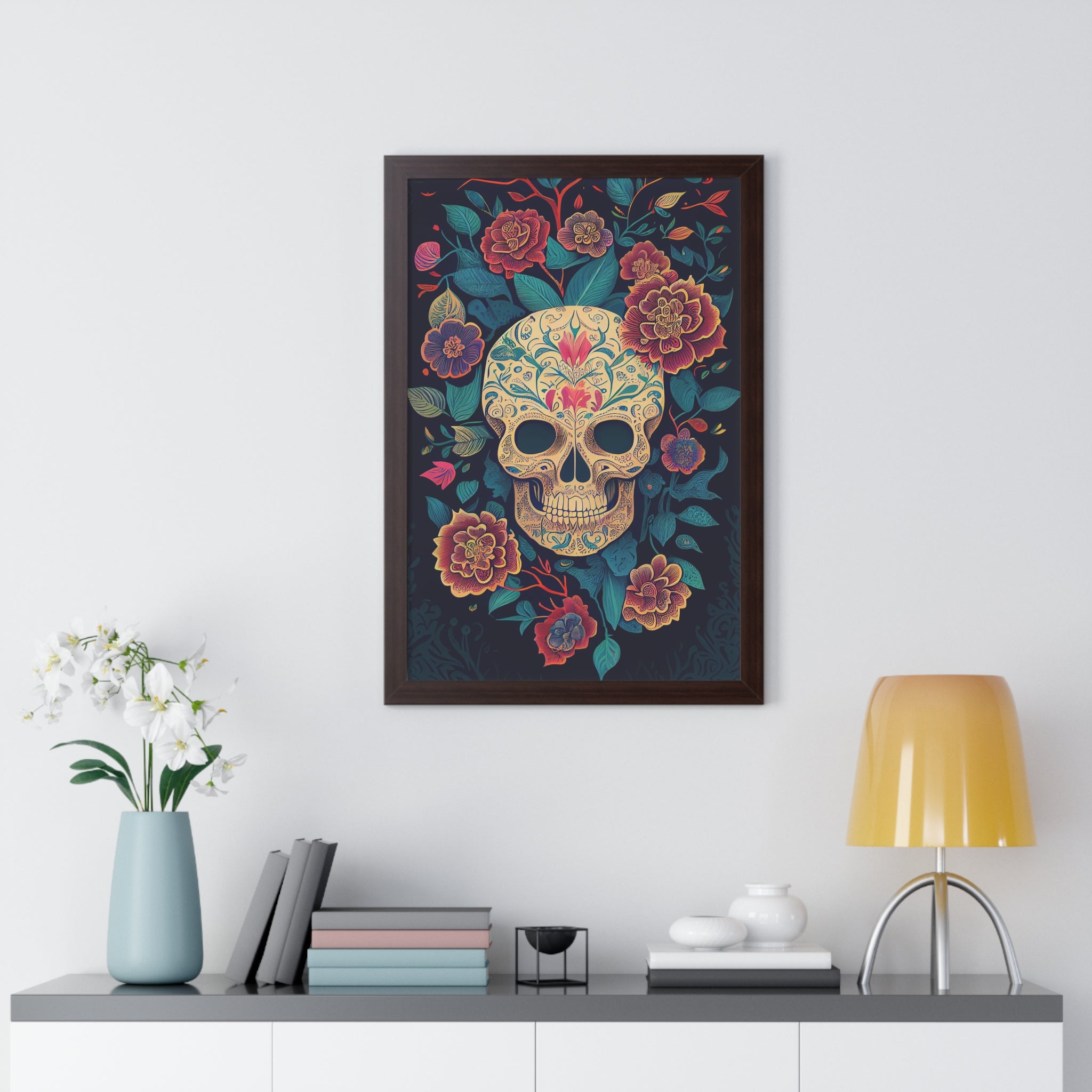 "BEIGE CHINOISERIE SUGAR SKULL" Framed Vertical Poster