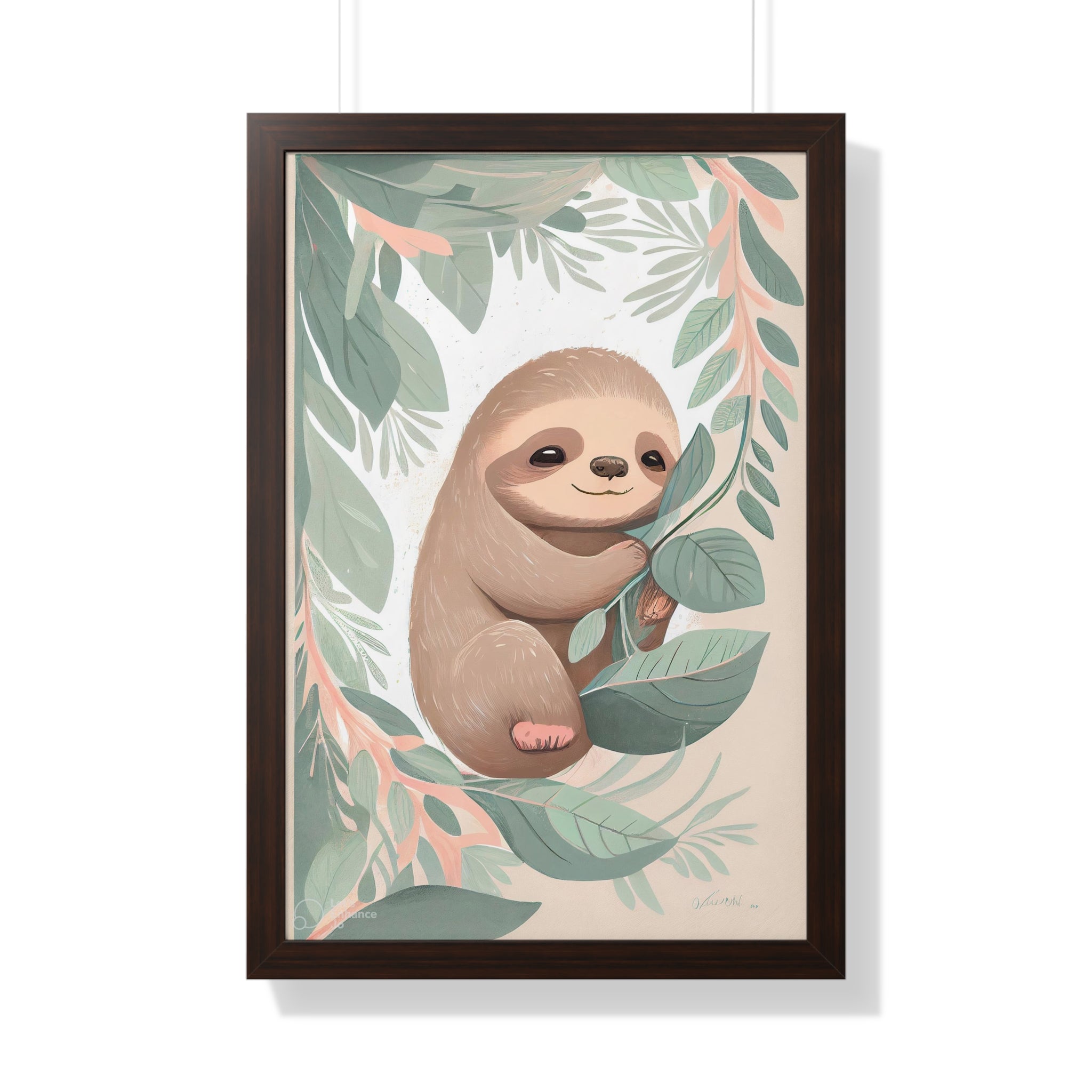 "ABSTRACT BABY SLOTH ON LEAF" Framed Vertical Poster