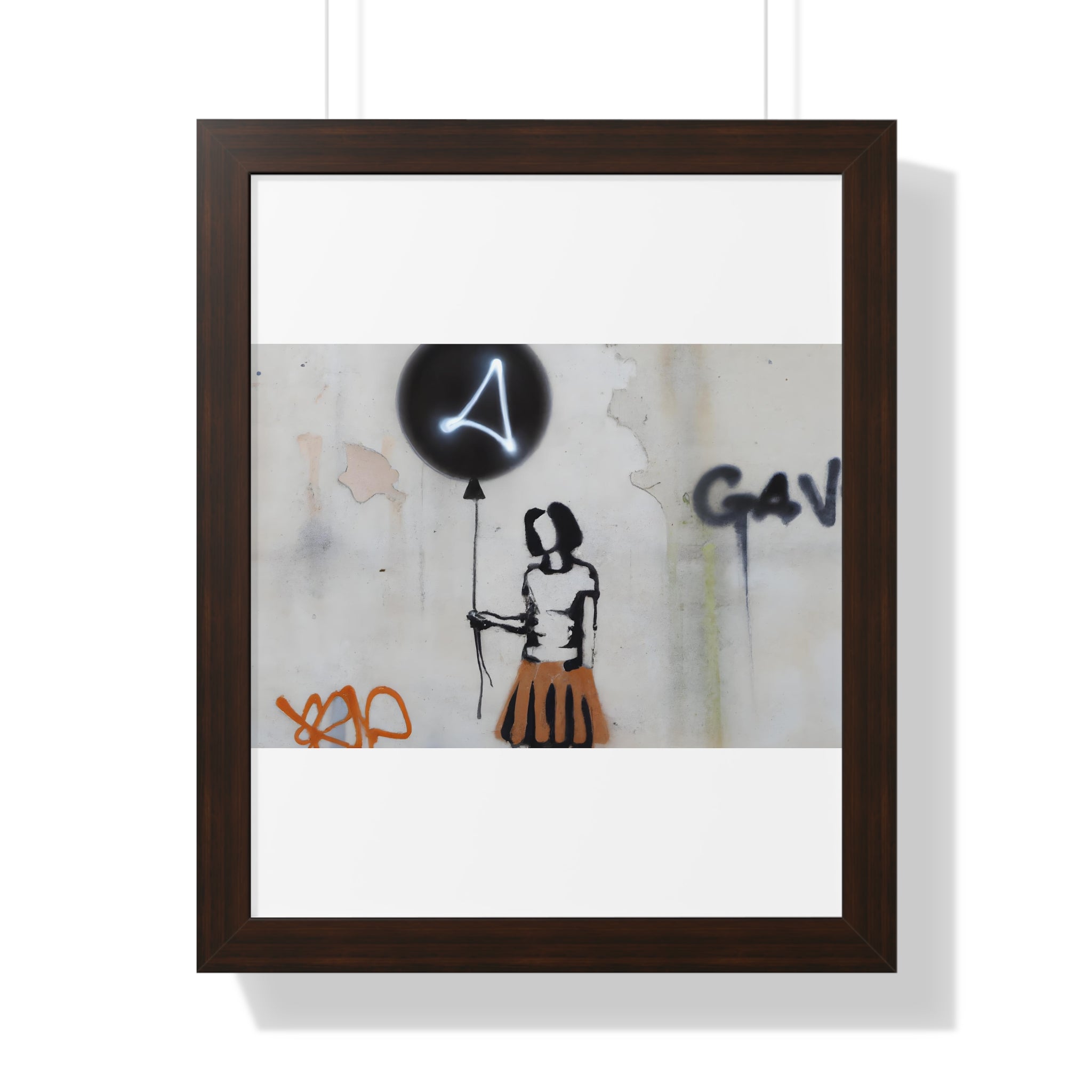 "BANKSY-STYLE GRAFFITI OF A WOMAN IN SKIRT HOLDING A BALLOON" Framed Vertical Poster