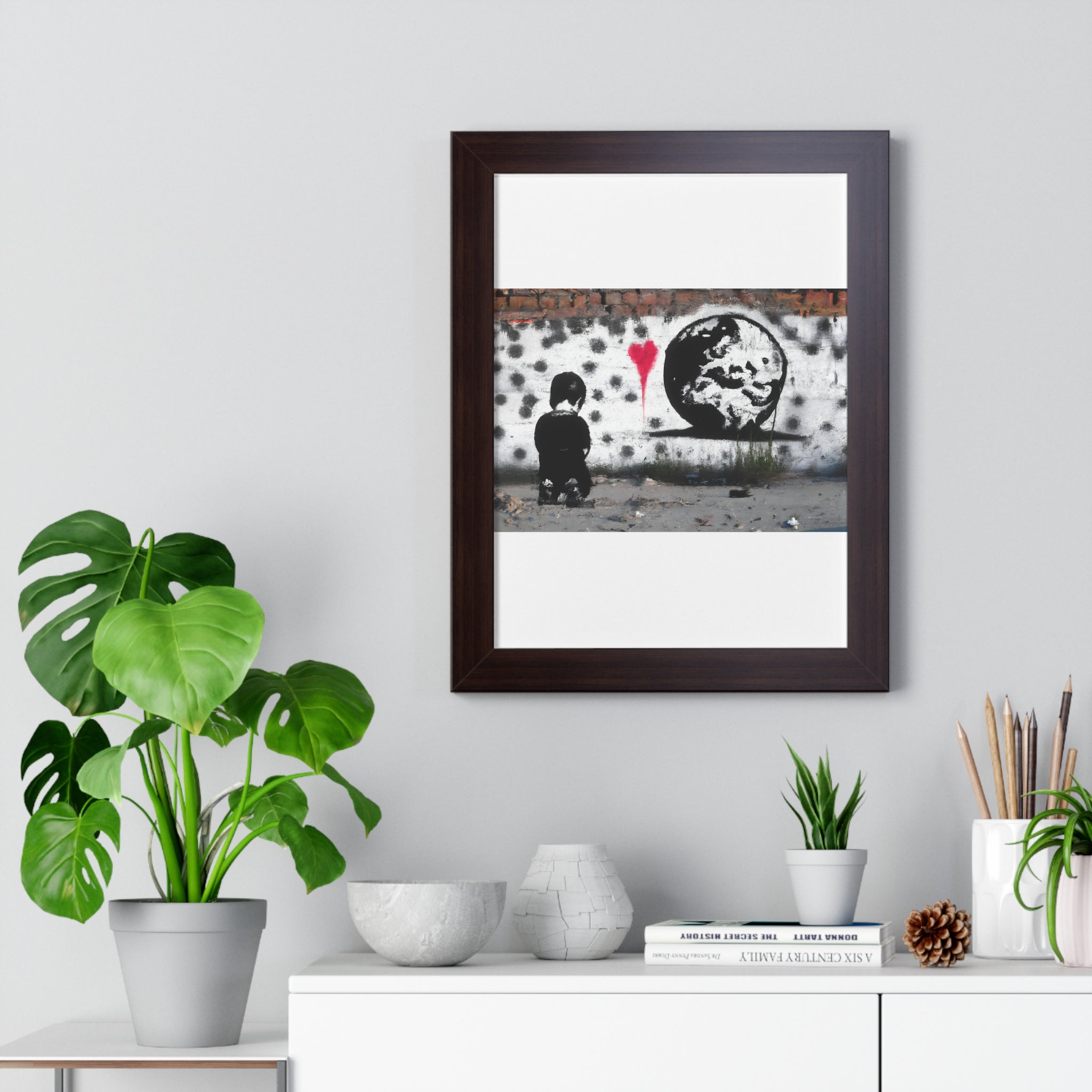 "BANKSY-STYLE GRAFFITI OF A SAD CHILD LOOKING AT DESTROYED EARTH" Framed Vertical Poster