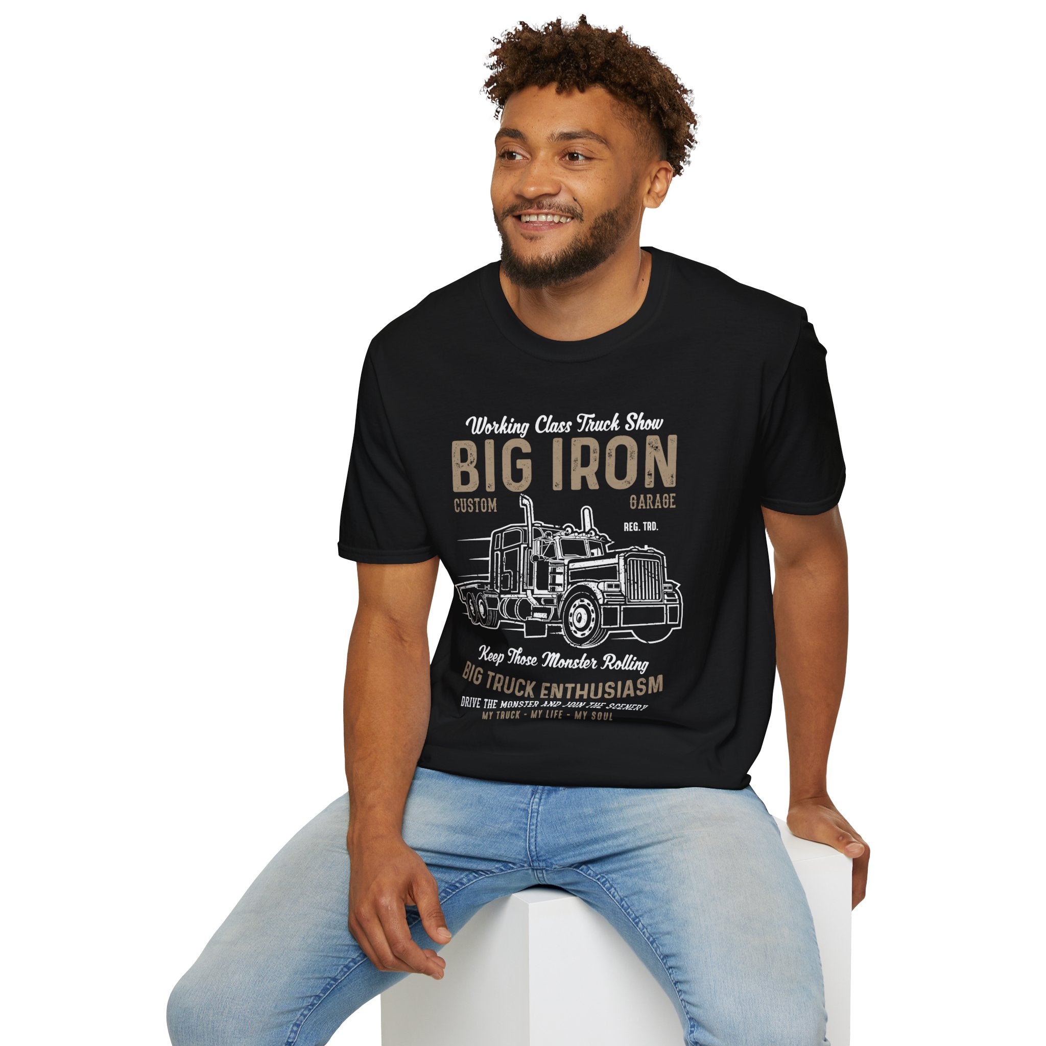 "BIG IRON CUSTOM GARAGE BIG TRUCK ENTHUSIASM" Unisex Soft style T-Shirt